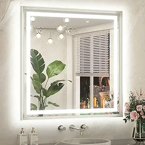 TETOTE Led Bathroom Mirror 36 x 36 with Brushed Nickel Frame Anti-Fog Frontlit & Backlit Vanity Mirror Stepless Dimmable Lighted Mirrors for Bathroom Wall 3 Colors White/Warm/Natural Wall-Mounted