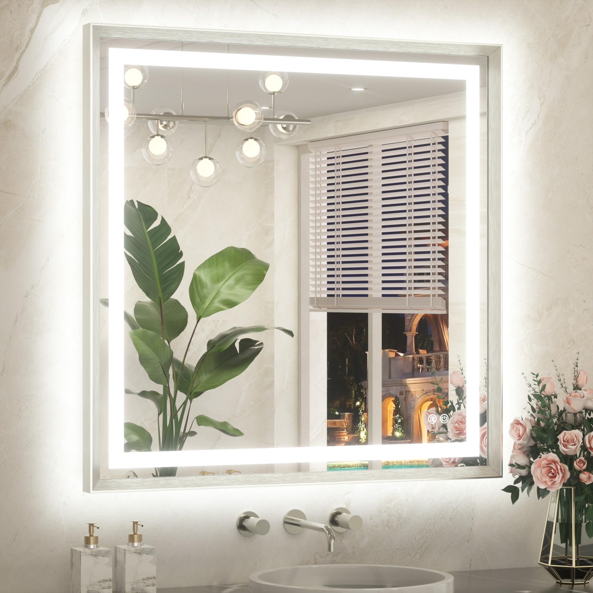 TETOTE Led Bathroom Mirror 36 x 36 with Brushed Nickel Frame Anti-Fog Frontlit &amp; Backlit Vanity Mirror Stepless Dimmable 3 Colors White/Warm/Natural Wall-Mounted