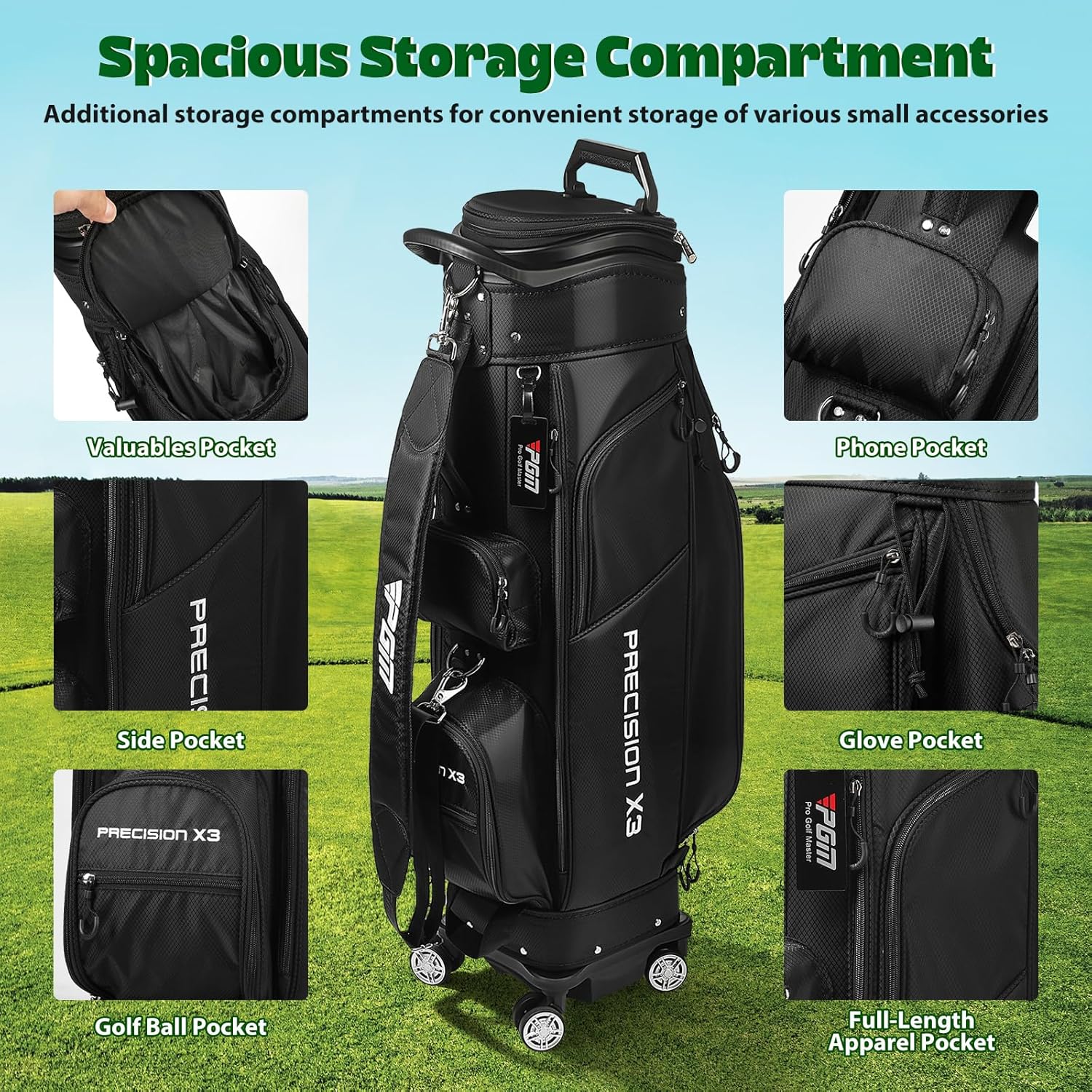 Retractable Golf Travel Bag with 4 Spinner Wheels, Durable Nylon Golf Cart Bag for Air Travel, 8-Way Full-Length Dividers for 13 Clubs, Telescopic Hard Shell Top Push Bag with Rain Cover for Men