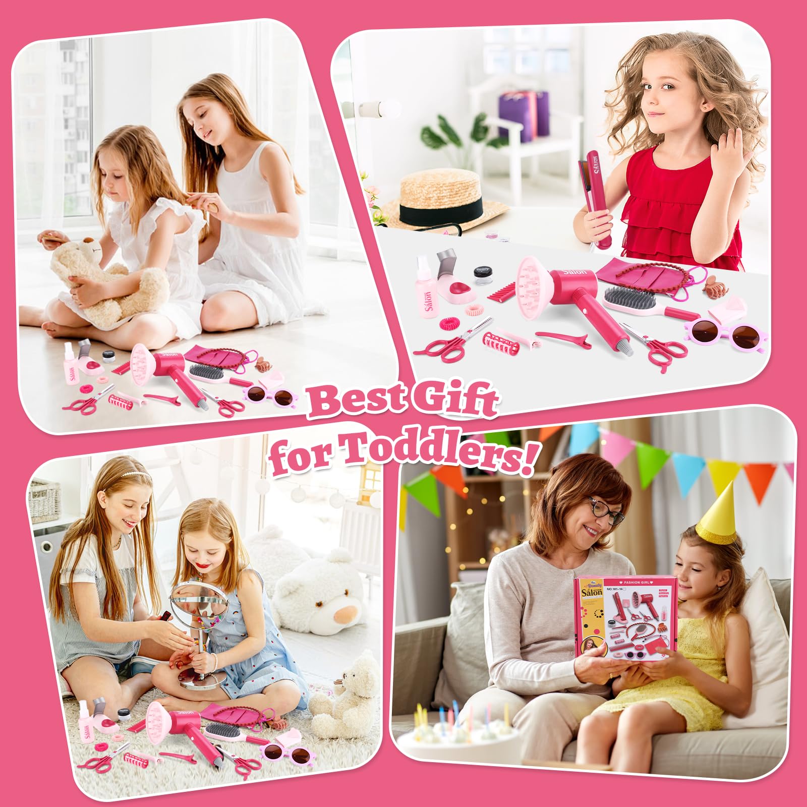 Friseur Set Kinder,Schminke Friseur Beauty Sets,25-teilig Schönheitssalon-Set Modespiel mit Haartrockner,Spiegel,Friseurkoffer Kinder Rollenspielset für Jungen und Mädchen ab 3 Jahren - Rose
