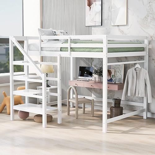 Miniatura 10 de Hlcodca Modern Twin Size Loft Bed with Under-Bed Desk and Storage ShelvesWooden Loft Bed with Ladders and Guardrailsfor Kids Boys Girls Teens Adults