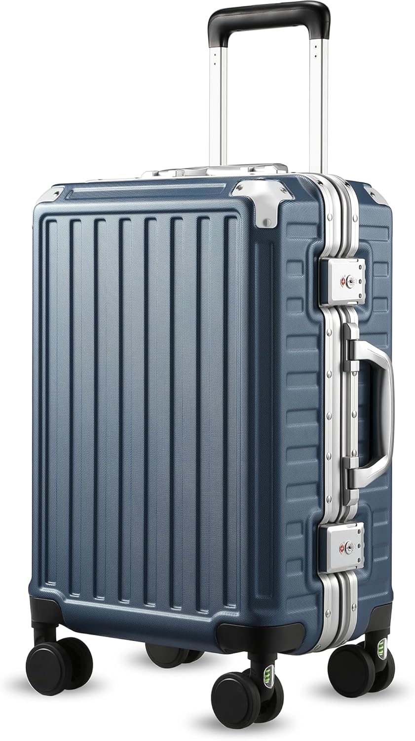 LUGGEX Carry On Luggage with Spinner Wheels, 20 Inch Aluminum Frame Zipperless Polycarbonate Hard Shell Suitcase, Blue Blue Carry-On 20-Inch