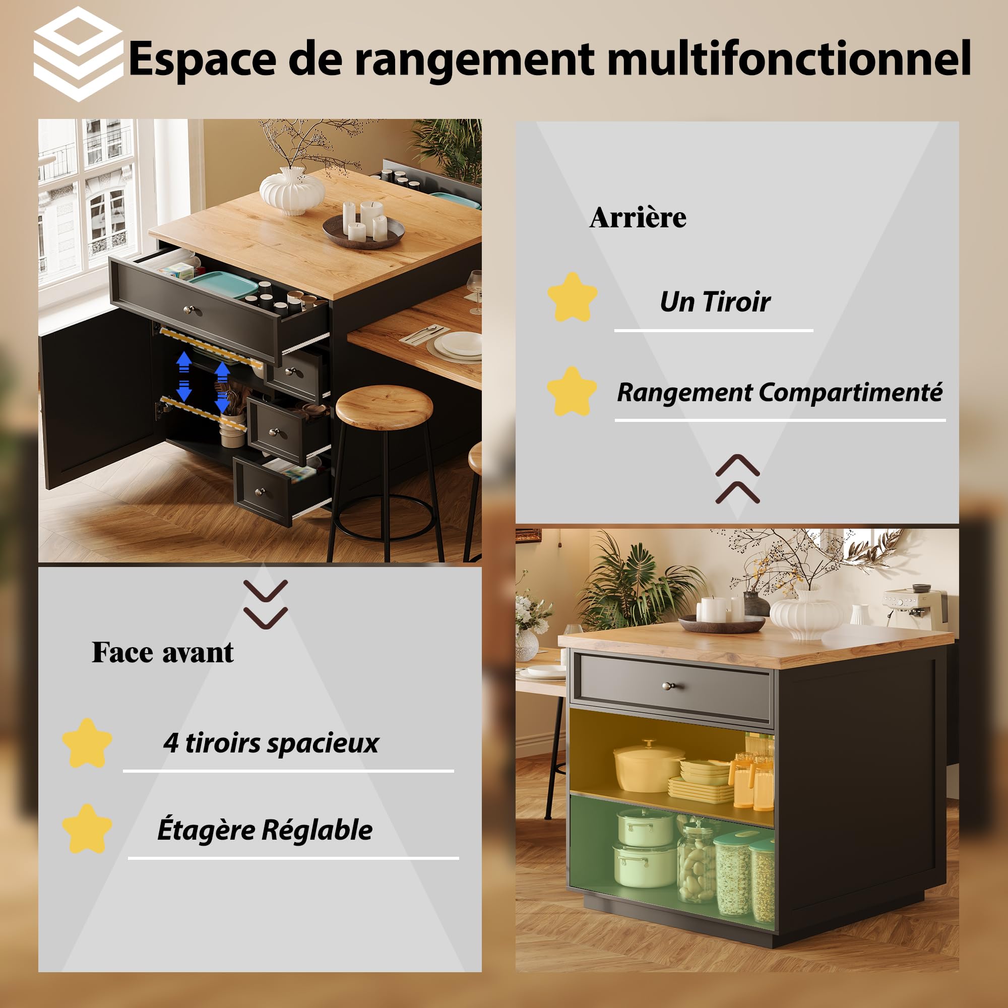 Îlot Central Cuisine Extensible avec 5 Tiroirs et Étagère Réglable, Grande Surface de Travail 120-184 cm, Meuble de Rangement sur roulettes pour Cuisine, Salle à Manger et Coin Repas (Noir)
