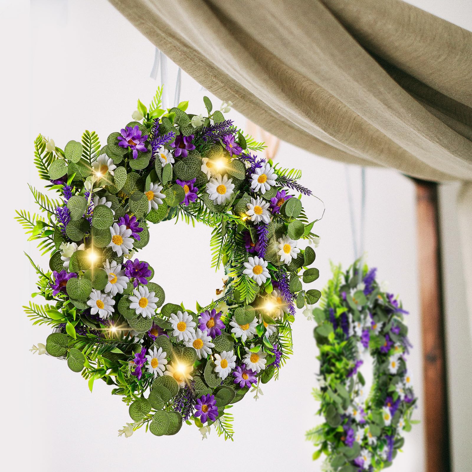 Künstlicher Lavendel Türkranz mit LED für Frühling und Sommer | Kunststoff mit Realistischer Haptik, für Partys und Hochzeiten, Zarte Form mit Natürlichem Charme