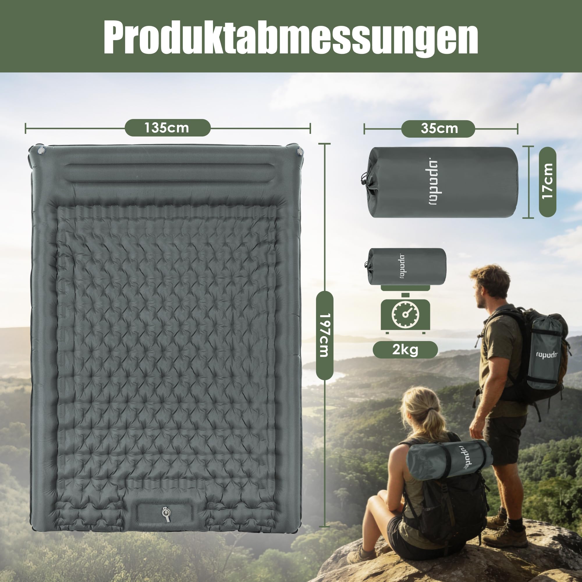 ROPODA Doppel aufblasbare Campingmatratze, ultraleichte Schlafmatte für Zwei Personen mit Kissen, integrierter Fußpumpe, wasserdichtes Doppel-Campingbett inkl. Tragetasche (Grau)