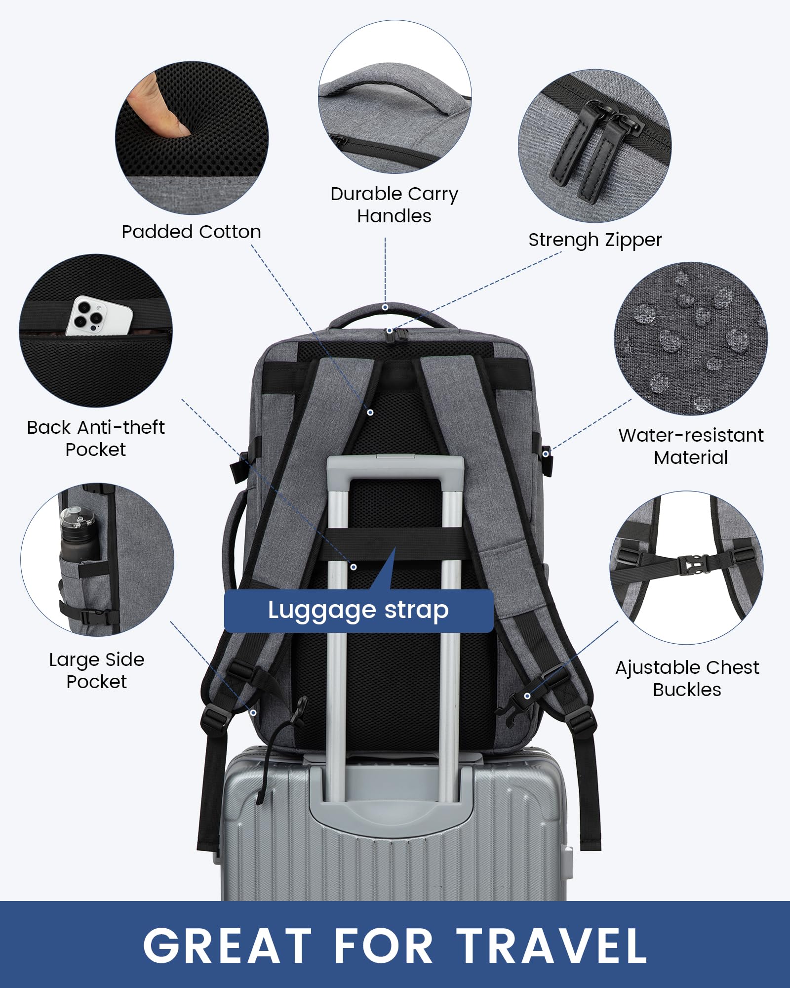 LOVEVOOK Zaino da Viaggio Aereo Bagaglio a Mano Borsa da Cabina per Easyjet 45x36x20 Impermeabile Antifurto Zaino Viaggio Uomo Donna 15,6 Pollici Zaino Porta PC per Scuola Lavoro Trekking, Grigio