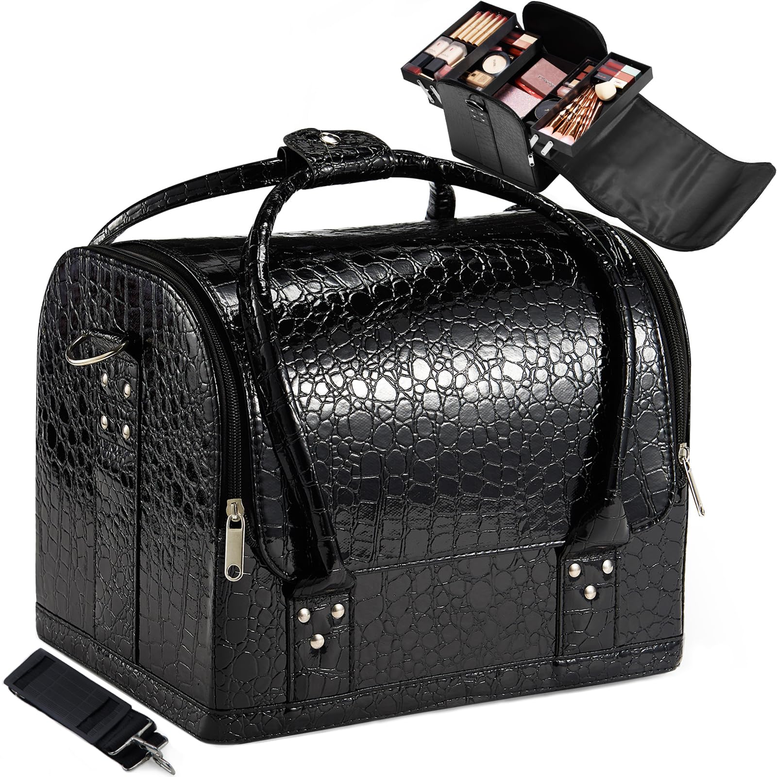 Joligrace Beauty case da viaggio per cosmetici, beauty box, nail art, parrucchiere, organizer con tracolla, Grande nero., moderno