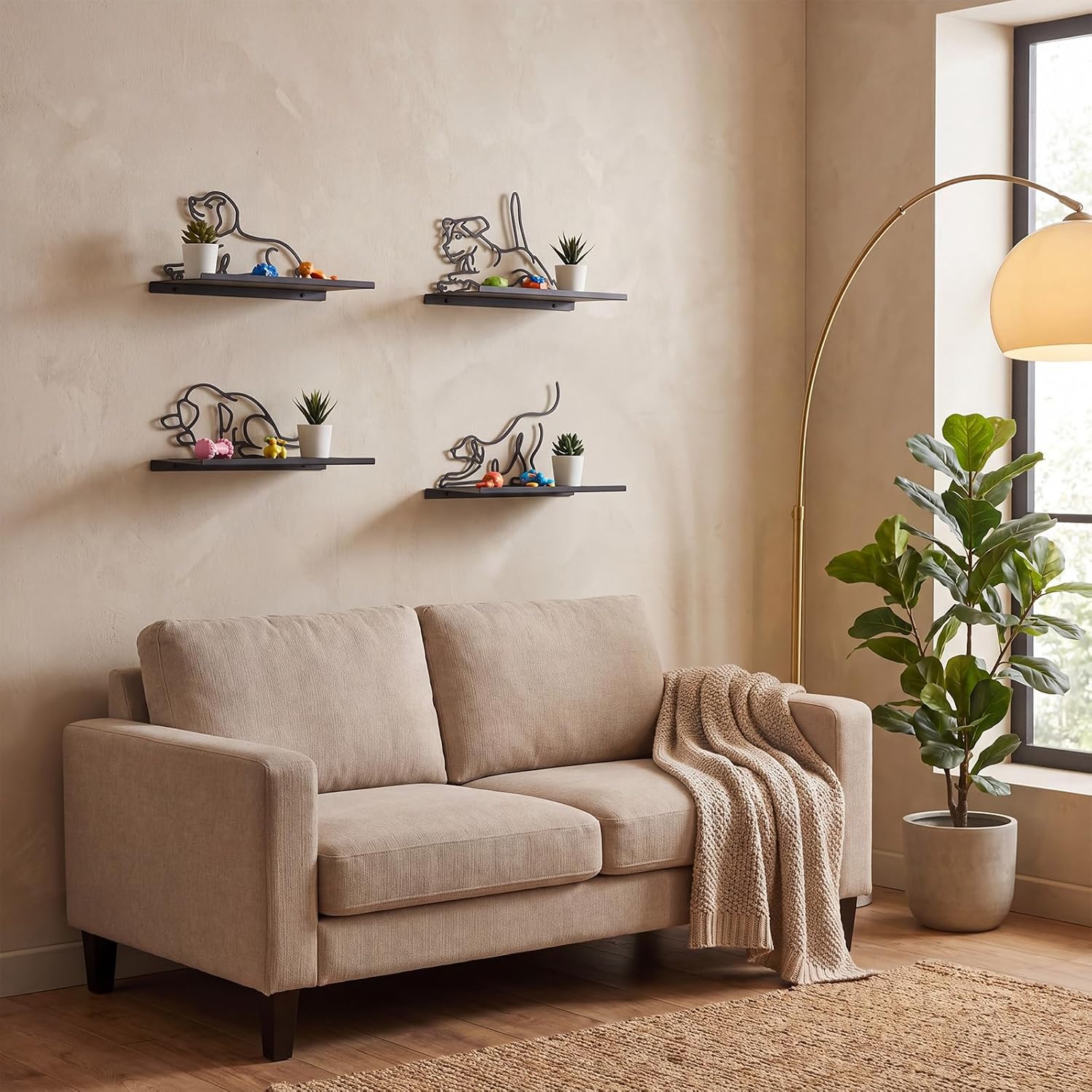 Sieral 4 Pack Small Dog Floating Shelves Metal Detachable Mini Wall Shelf Decorative Nursery Decor for Room Bedroom Living Room Bathroom