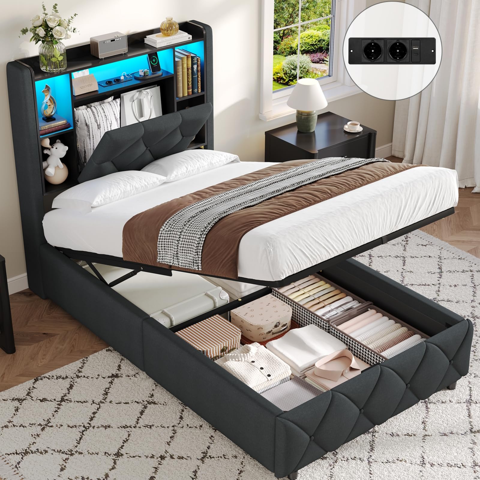 Brinlawb Lit Coffre 90x190 cm avec Éclairage LED et Multiprise, Tête de Lit Capitonnée avec Rangement Caché et Étagères Ouvertes, Lit 90x190 avec Sommier, Système Hydraulique, Lit 1 Personne, Gris