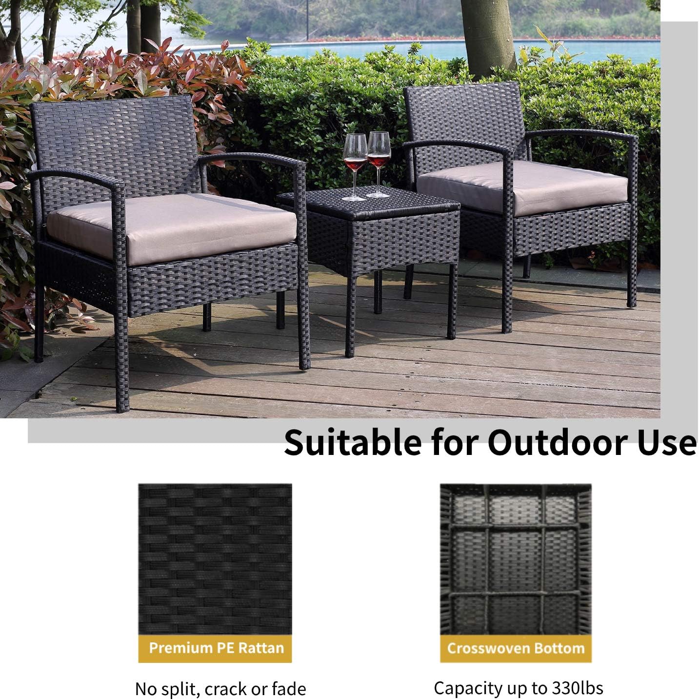Leasbar Outdoor Chairs Set Bistro Set 3 Pieces Patio Conversation Set Furniture Set for Small Balcony Rattan Chairs and Table with Cushions Brown : Patio, Lawn & Garden
