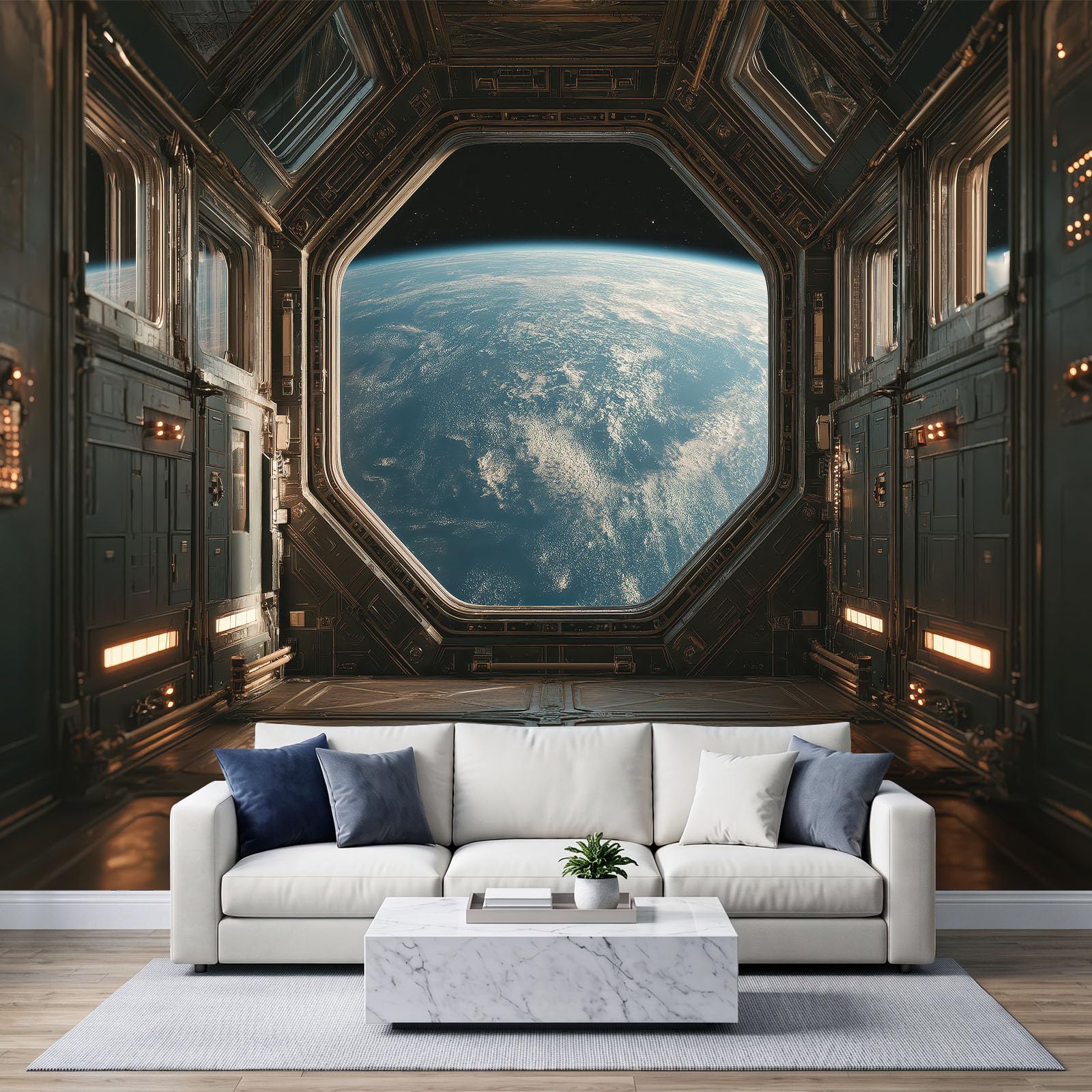 Wizualna fototapeta 3D 300 x 210 cm, włóknina, wysokiej jakości druk mural tapeta, stacja kosmiczna wnętrze widok Ziemi polar mural dekoracja plakat obraz