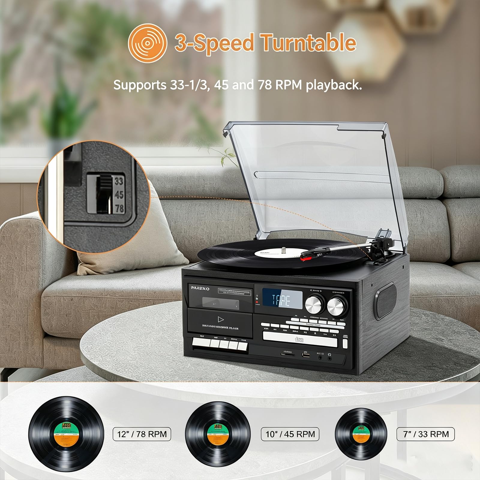 Gramofon Winylowy, Retro Gramofon Bluetooth, Gramofon Vintage Z 3 Prędkościami Bluetooth, Odtwarzacz Kaset Cd, Radio Am/fm, Nagrywarka Usb, Wejście Aux, Do Domowej Rozrywki