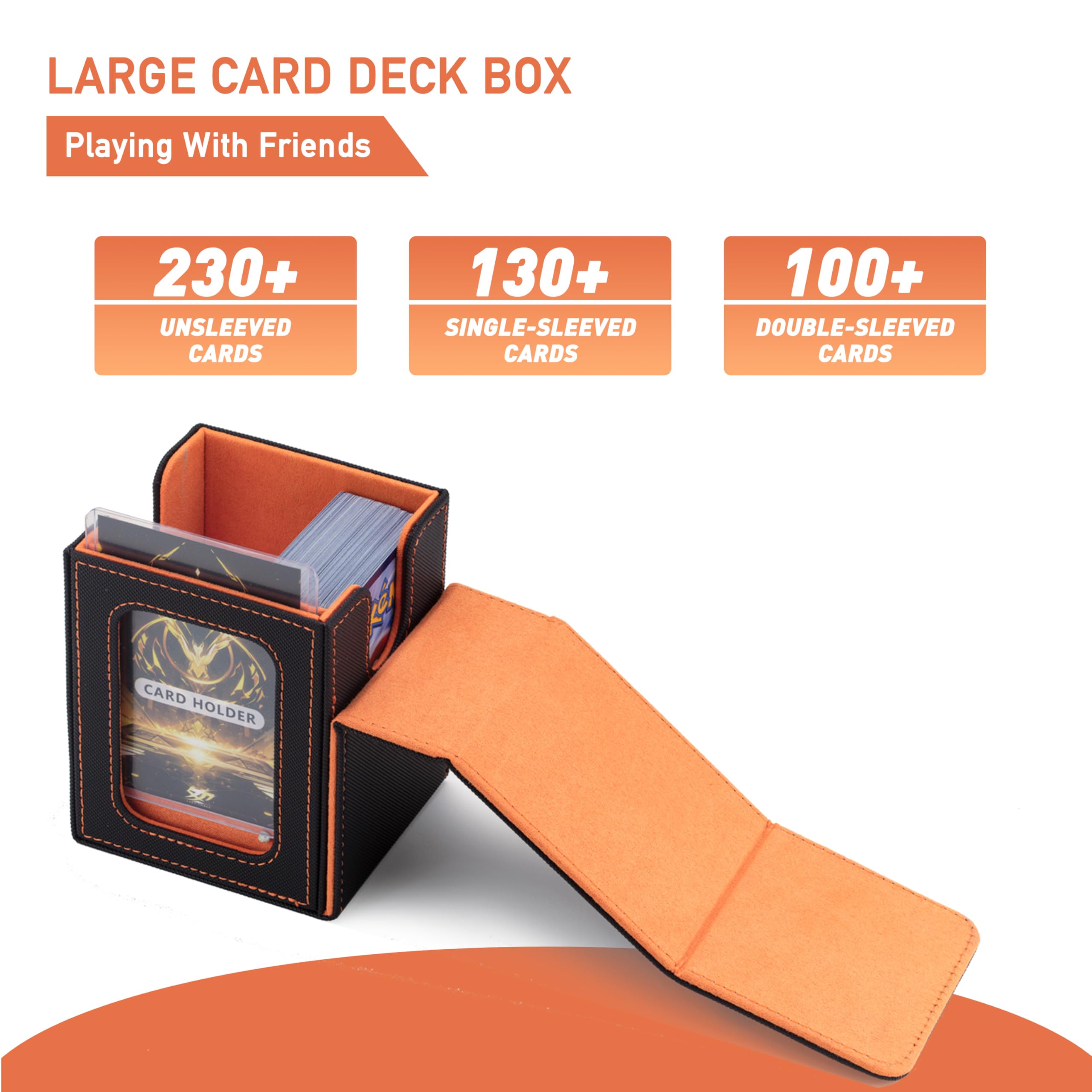 MTG Commander Deck Box for Magic The Gathering, Premium Toploader Storage Case, Fits 100+ Double Sleeved Cards, TCG Card Case with 2 Dividers & 1 Toploader, Black/Orange, Portable, for EDH Players