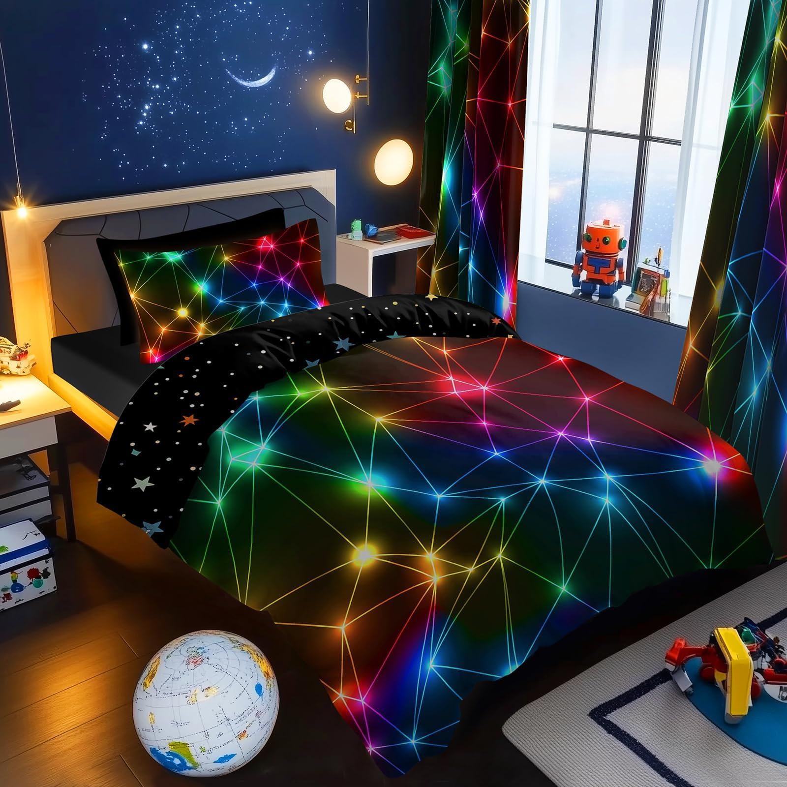 BlessLiving Single Duvet Cover Retro Neon Triangle Black Bedding Set Starry — image 1