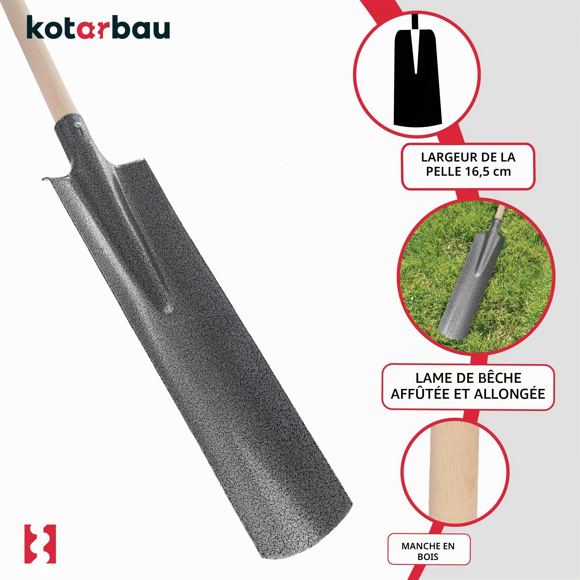 KOTARBAU® Bêche de drainage avec manche en bois, lame en acier étroite, support du manche 38 mm, bêche de jardin 510 x 115 mm