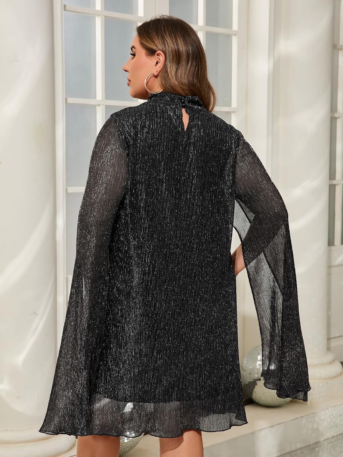 ZOMVA Plus Size Sparkly Cape Sleeve Short Dress High Neck Loose Fit Flowy Dresses Cocktail Party Dress