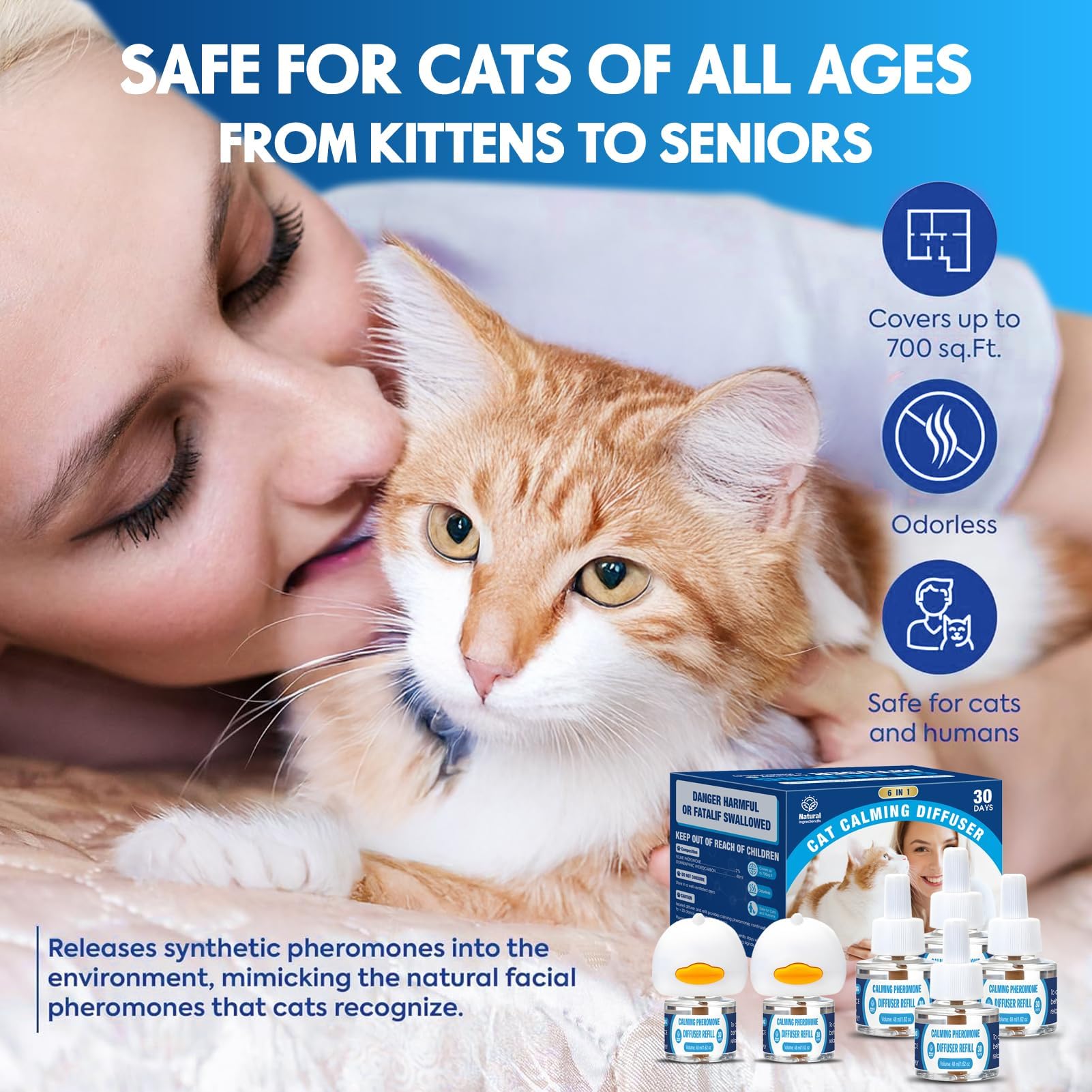 Cat Calming Pheromones Diffuser: 6-in-1 Kit Cat Appeasing Pheromone Diffuser to Calm (2 Plugin+4x48ml Refills) for Comfort Reduces Stress Anxiety, Long-Lasting Appeasing Pheromone for Pet Cat (6in1) - image 6