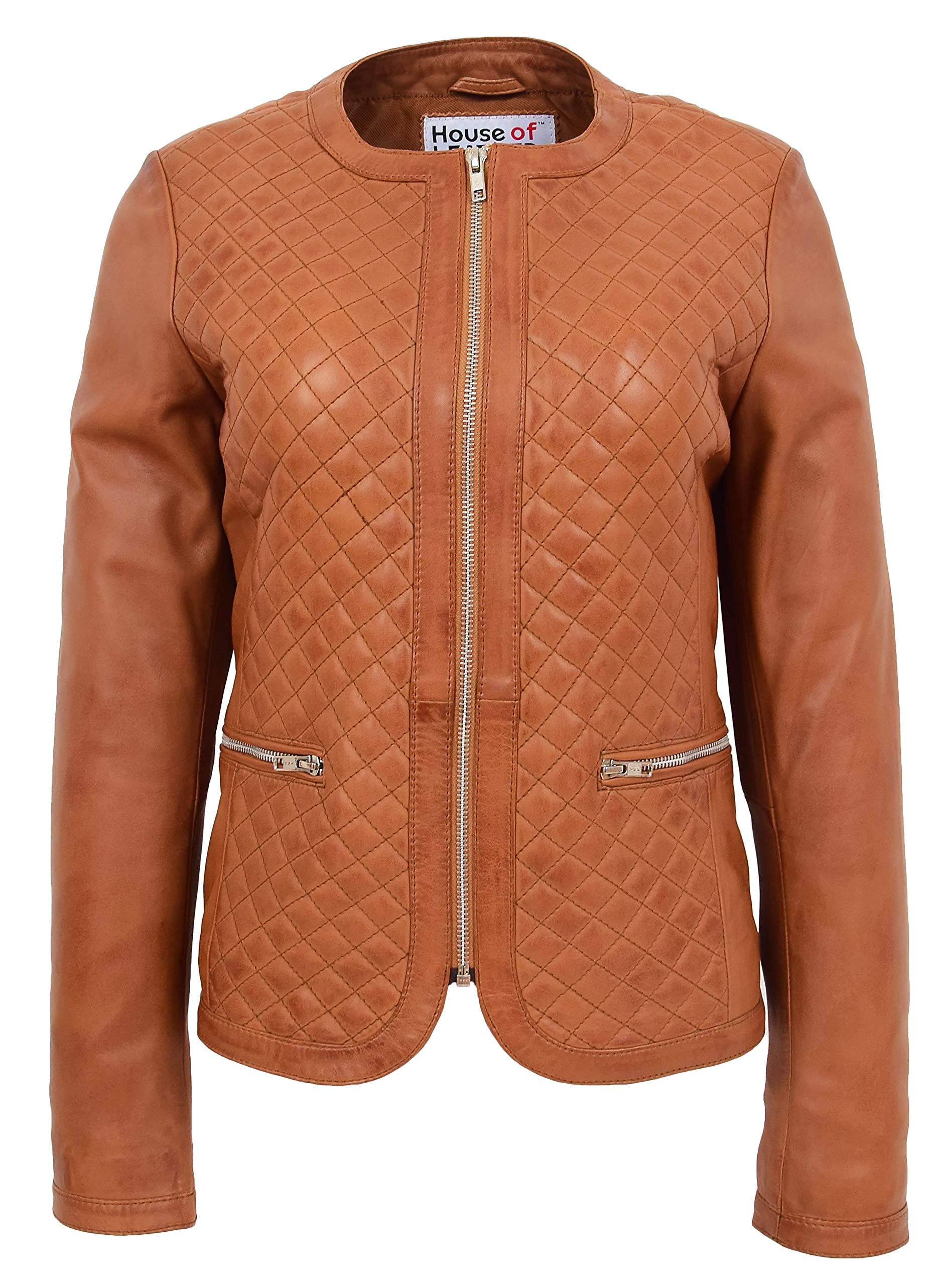 Womens Real Leather Collarless Jacket Quilted Design Joan (18, Tan)
