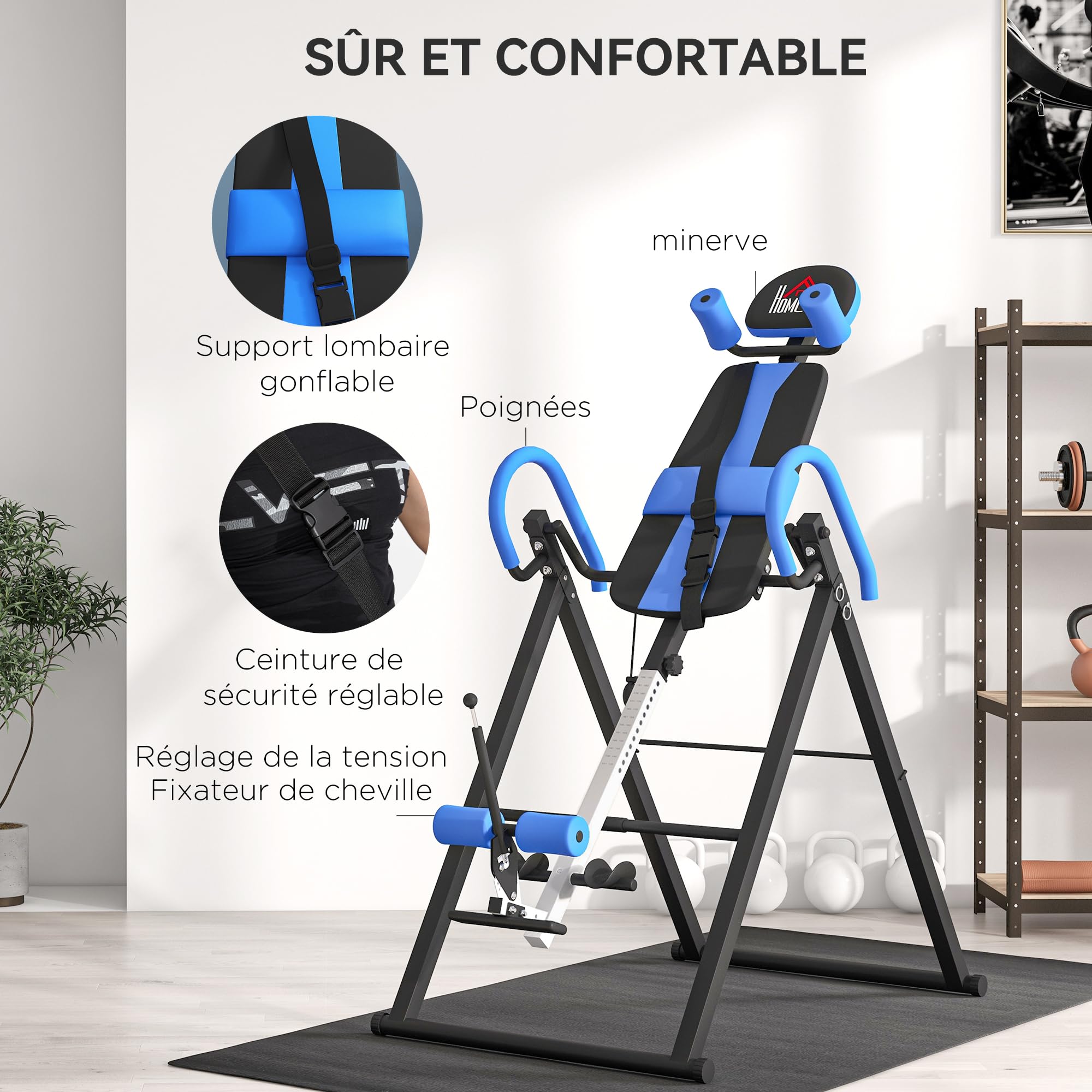 HOMCOM Table d'inversion de Musculation Pliable Ceinture de sécurité réglable Angle inversé Ajustable 3 Niveaux Acier Bleu Noir