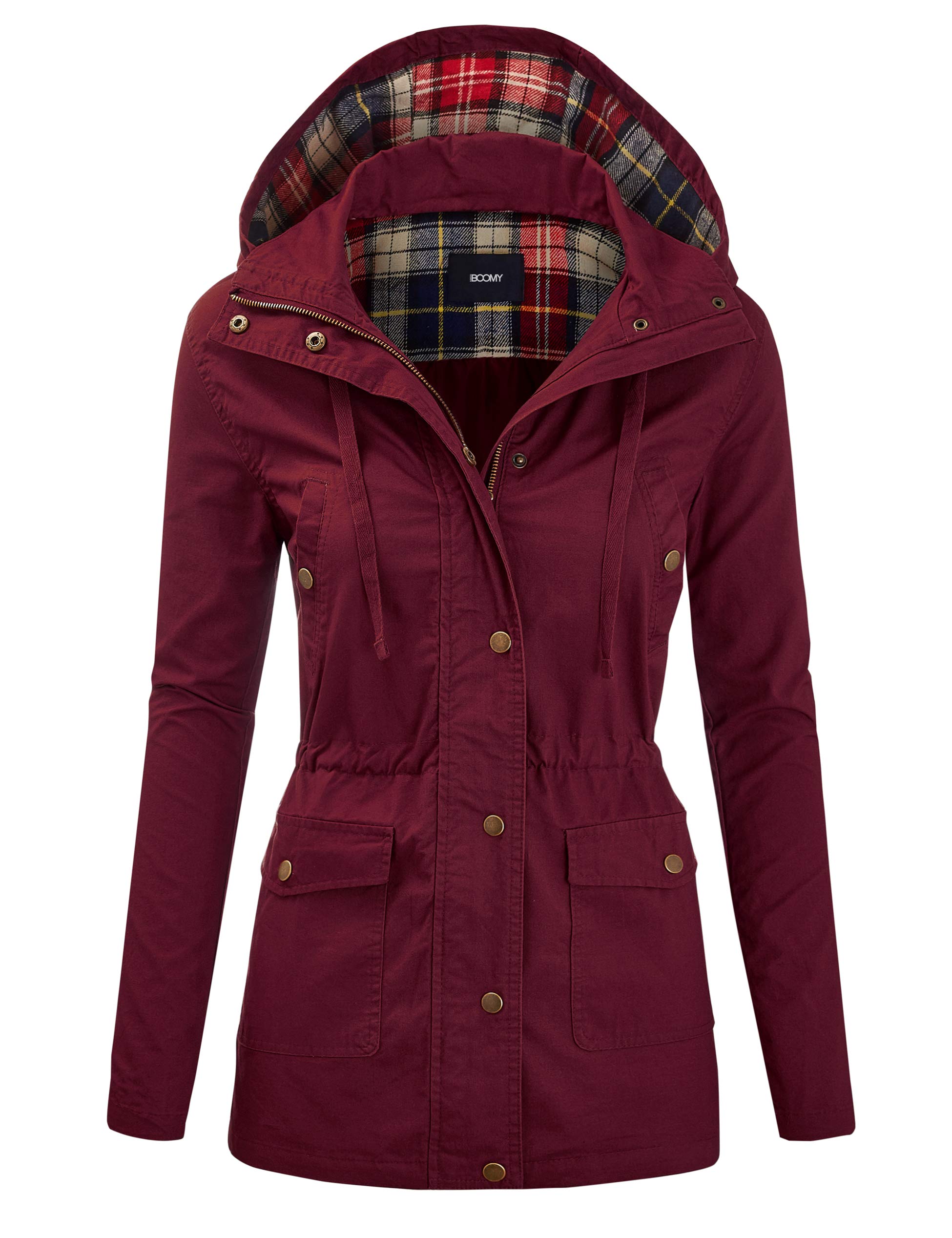 FASHION BOOMY Women's Zip Up Safari Military Anorak Jacket with Hood Drawstring - Regular and Plus Sizes Small LC-Wine