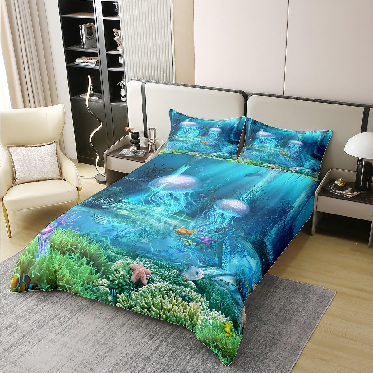 Castle Fairy Jellyfish Duvet Cover 100% Cotton Cute Starfish Ocean Animal Duvet Cover Kids Teens Room Decor Blue Green Undersea World Comforter Cover Twin Soft Bedspread,Zipper,No Comforter