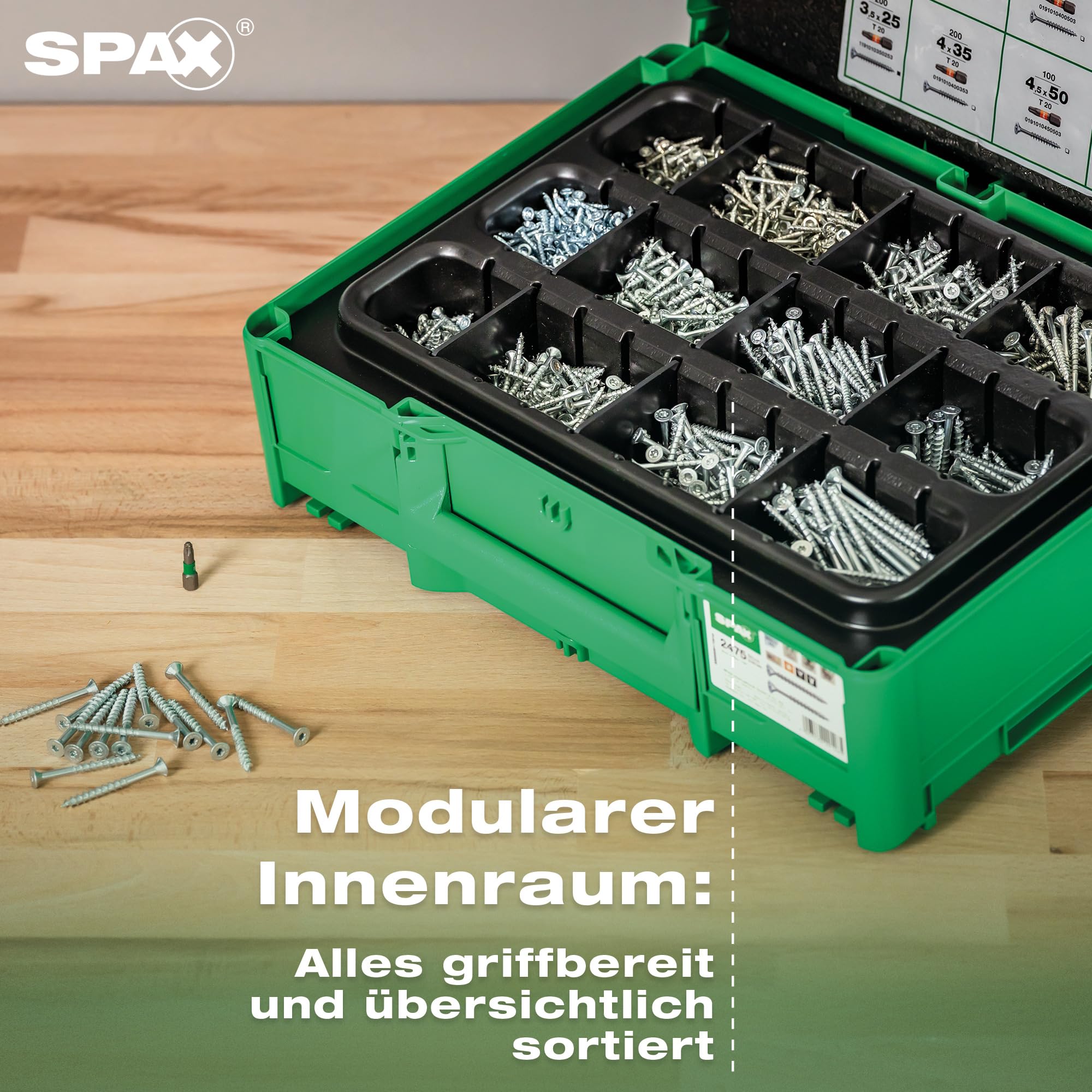 SPAX Montagekoffer Systainer³ T-Loc - Schraubenset mit 2.475 SPAX Schrauben in 12 Abmessungen, inkl. 5 T20 Bits & Arbeitshandschuhe – Profi Schraubenkoffer für Handwerk & Heimwerker – 8000000294624