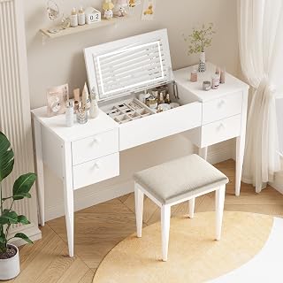 Makeup Vanity Desk with Lighted Mirror and Stool, Small Vanity Table with 4 Drawers, Lighting Modes LED Mirror, White Modern Make Up Desk Set for Bedroom, Girls Women Gift