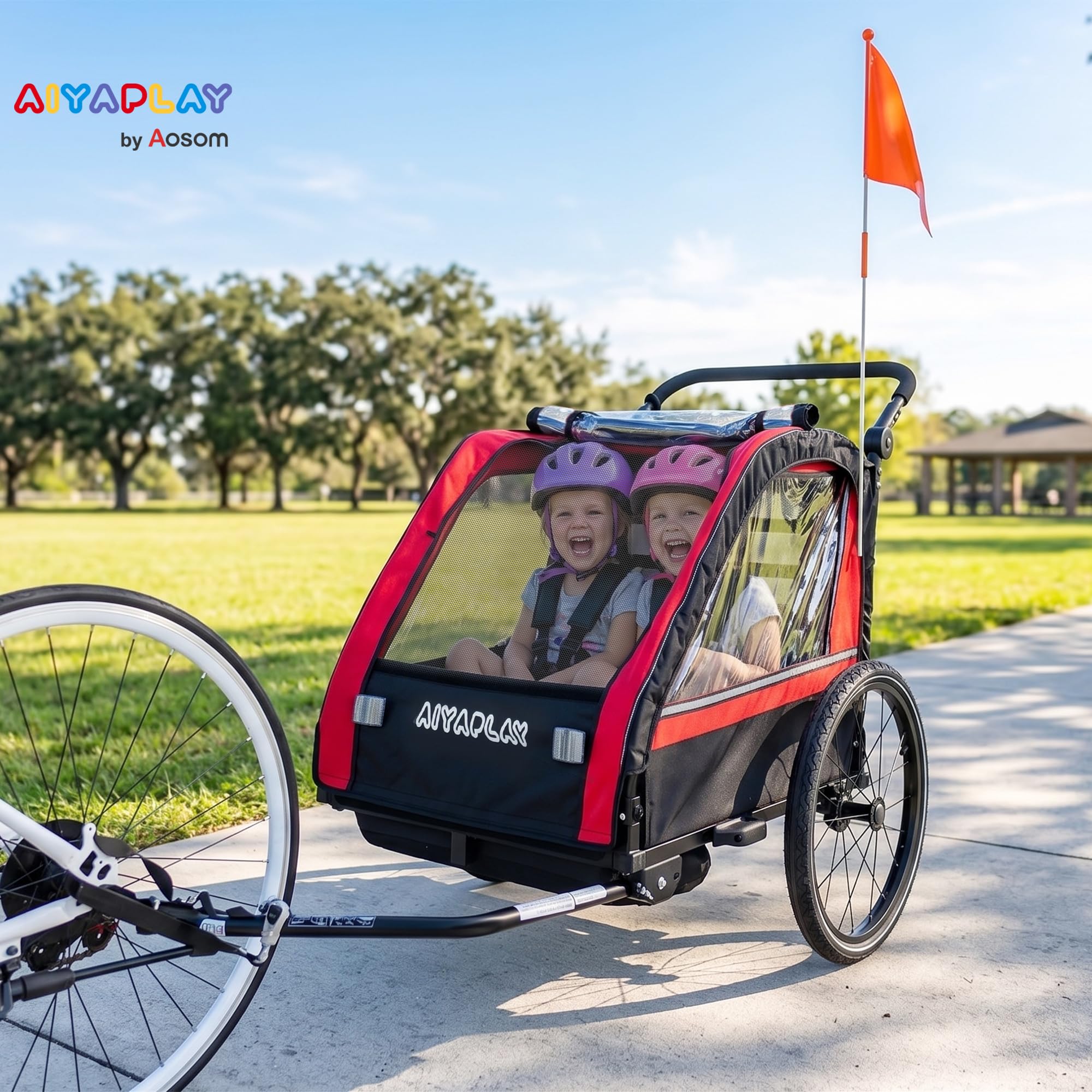 AIYAPLAY Remorque vélo Enfant 2 Places 2 en 1, Poussette vélo bébé avec Guidon réglable, Frein à Main, Ceinture de sécurité 5 Points, Fanion de sécurité, attelage Universel, jusqu'à 38 kg, Rouge