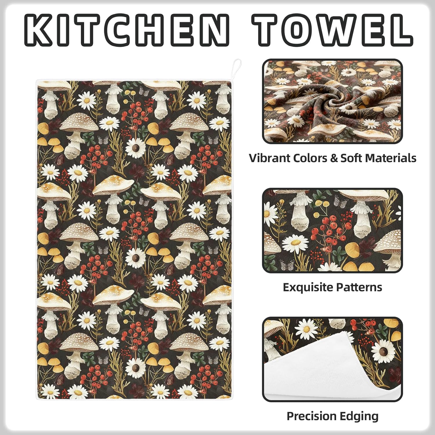 Kitchen Towel Set of 2,18×26Inch Mushroom Dishcloth with Hanging Loop,Quick Dry,Highly Absorbent Tea Towel,Reusable Fiber Towels,Lightweight Hand Towels,for Home Decorations,Housewarming Gift - Image 3