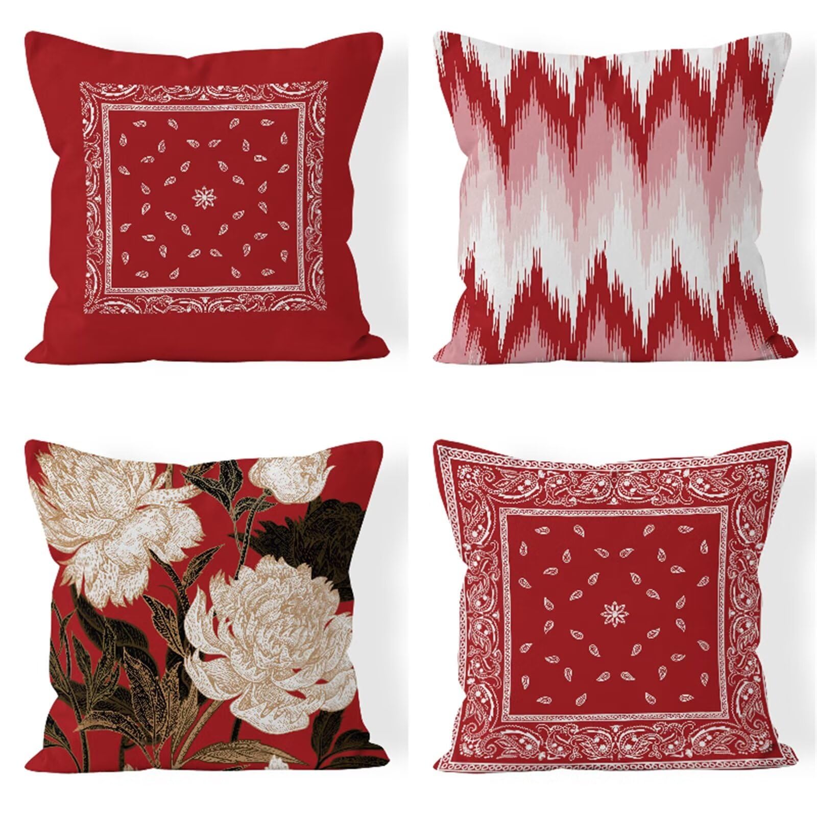 Juego de 4 Rojo Moderno Fundas de Cojines,Geometría Cojines Decoracion Impermeable 45x45cm,Otoño Fundas Cojín Lino Decorativas para,Sofá Sala de Estar Exterior Jardín Cojin,Cremallera Oculta HY-3062