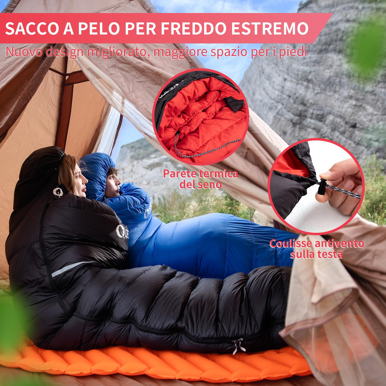 Sacco a pelo in piuma d'oca da 12 gradi, più leggero e caldo sacco a pelo invernale per campeggio, zaino in spalla ed escursionismo con piumino d'anatra da 600 FP 1200 g