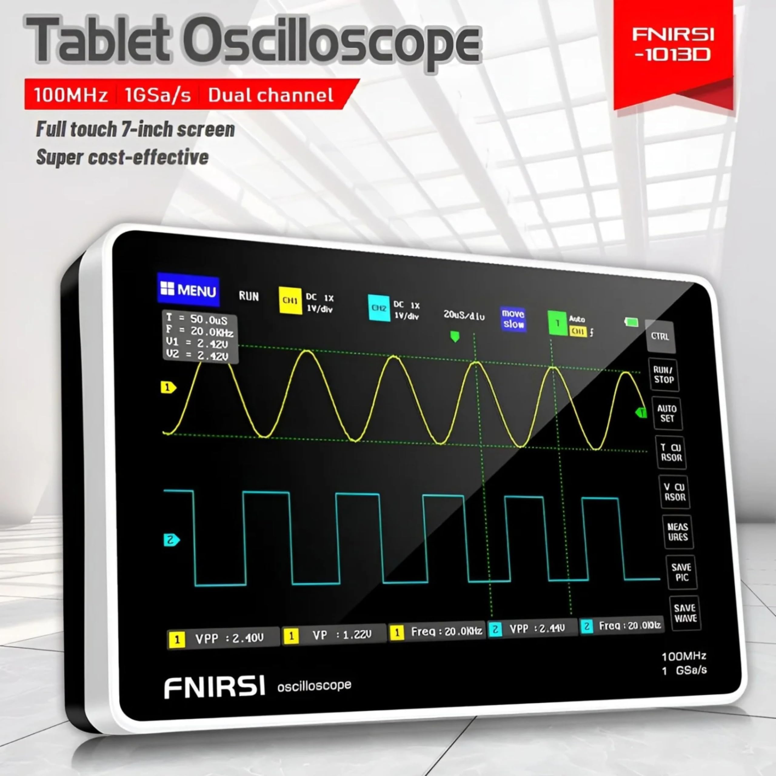 Yellow Tommy Tablet touch ScreenOscilloscope | 1013D | 7-inch Display | 2 Channel | 100M Bandwidth | 1GS/s Sampling Rate | 800×480 Resolution | - Image 5 thumbnail