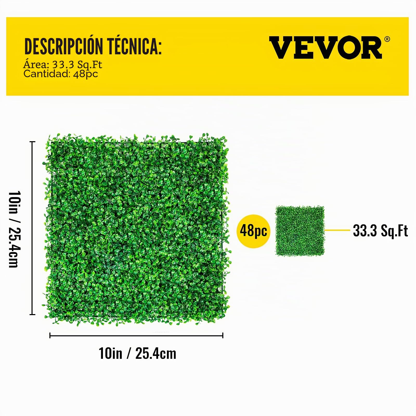 VEVOR Hierba Artificial Verde de 48 Piezas 25,4 X 25,4 cm, Panel de Boj de Hiedra Artificial de Alta Densidad contra UV y 100% PE, Plantas Artificiales Decorativas para Pared, Jardines, Patio Trasero