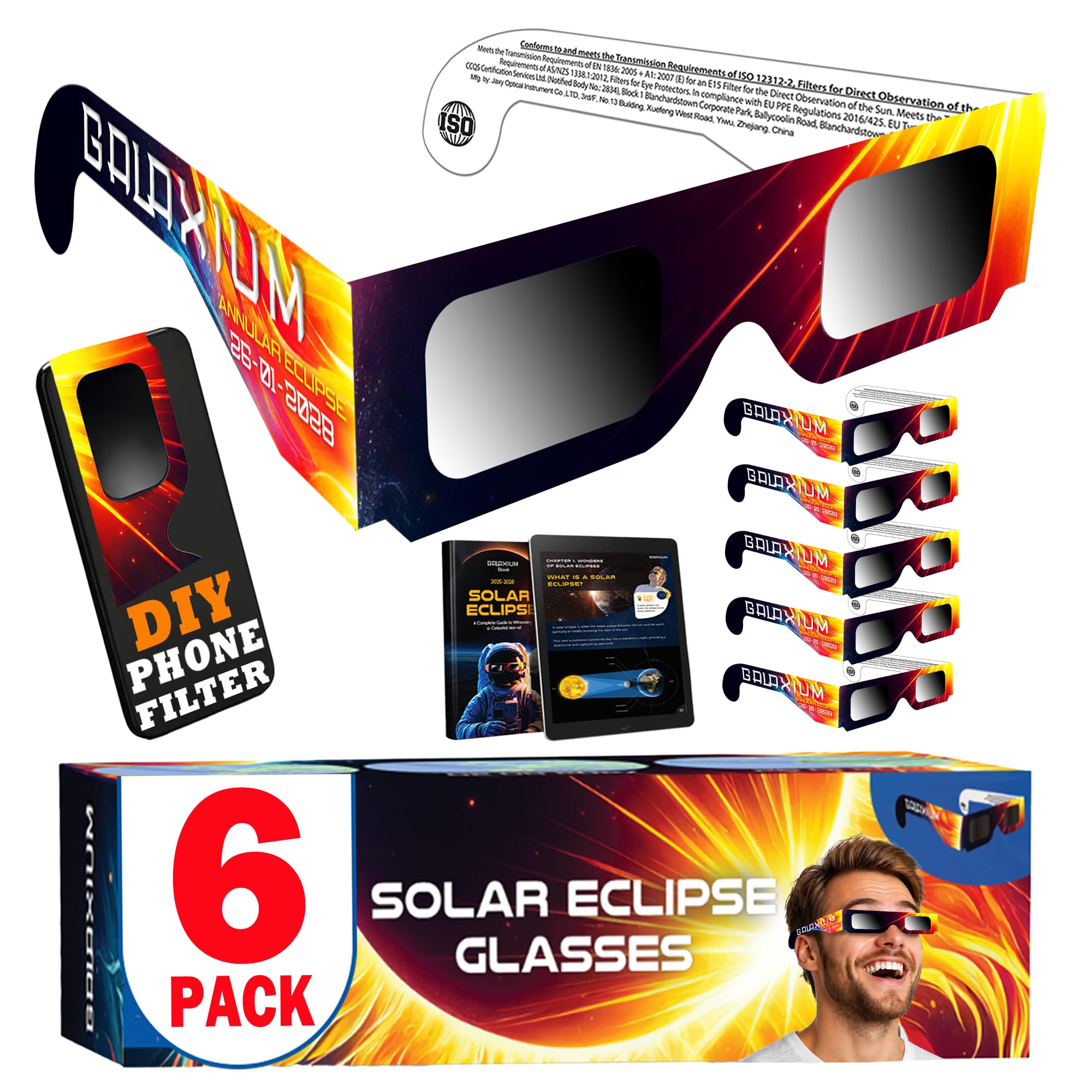 Galaxium [6 Pack Solar Eclipse Glasses AAS Approved 2026 - Trusted for Direct Solar Eclipse Viewing - ISO 12312-2 & CE Certified