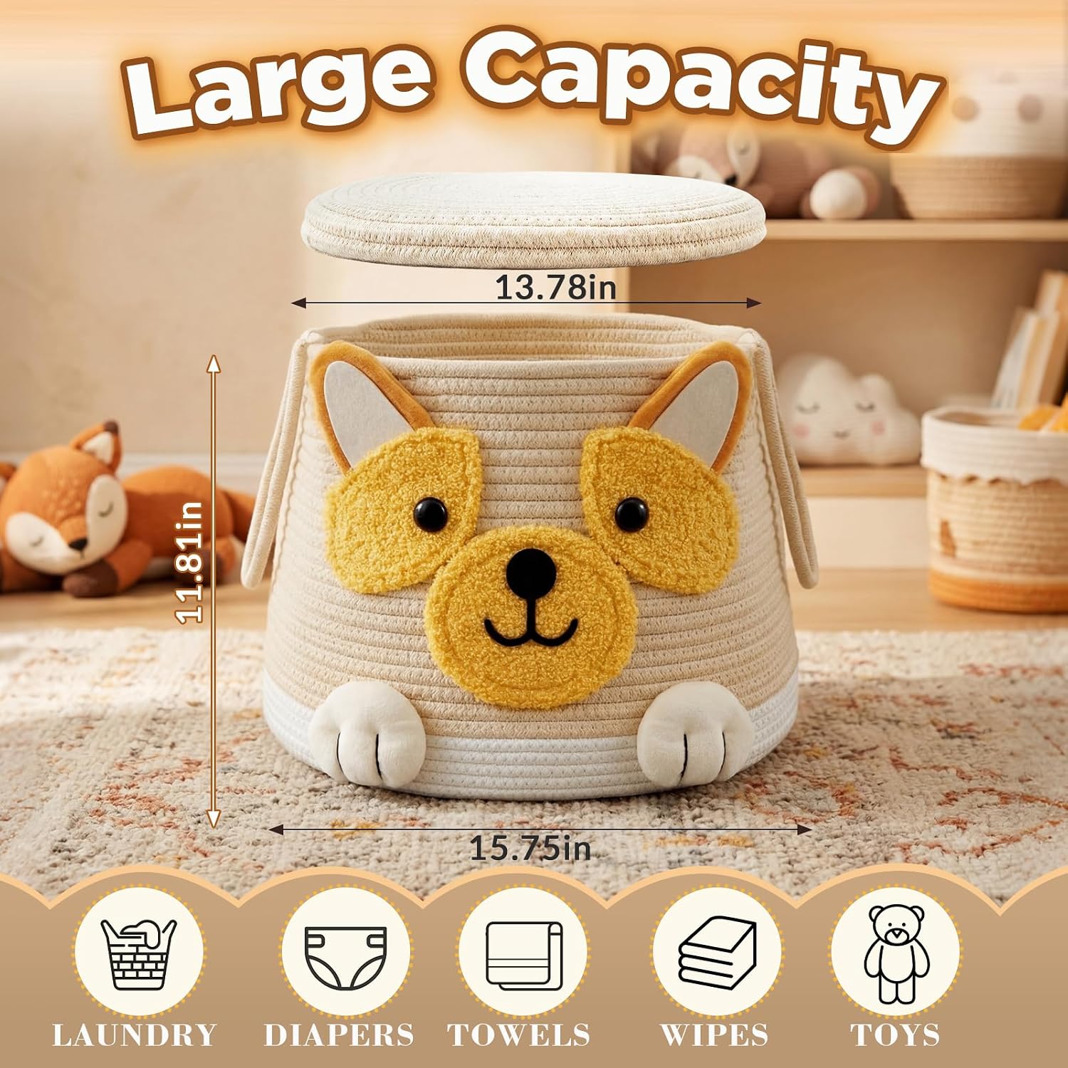 Large Dog Toy Basket with Handles and Lid (15.75" x 11.81") - 42 L Cute Woven Corgi Toy Storage Bin for Toys, Clothes, Towels, Animal & Cute Laundry Basket for Puppy Lover Gift