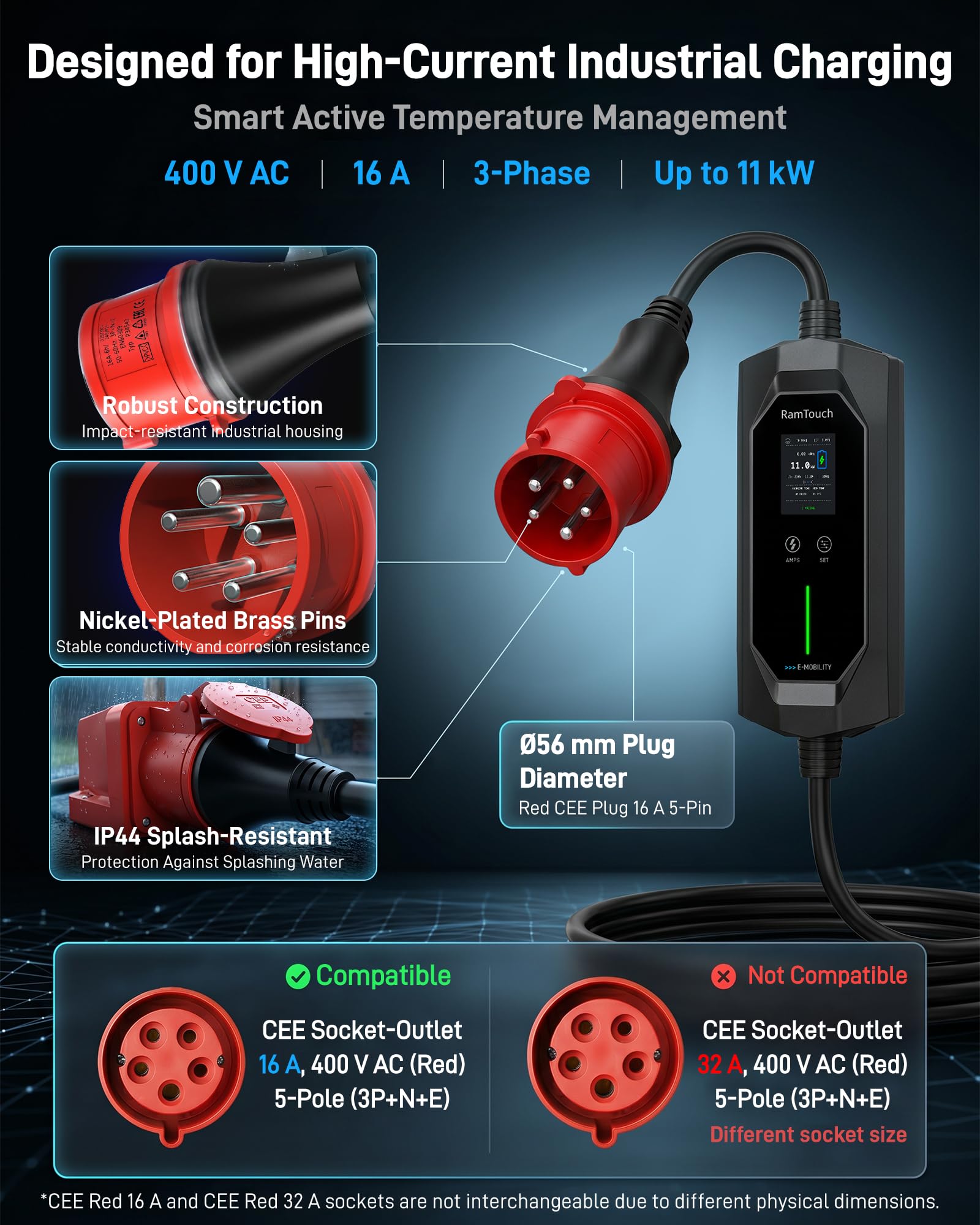 Cargador Coche Eléctrico 11 kW, 16 A, 5 m | CEE Rojo 5P a Tipo 2 | Trifásico | IP67 | 6–16 A | Timer + inicio diferido | LCD 2,4" | RCD CA/CC | Cable Modo 2 / wallbox móvil | para VE y PHEV