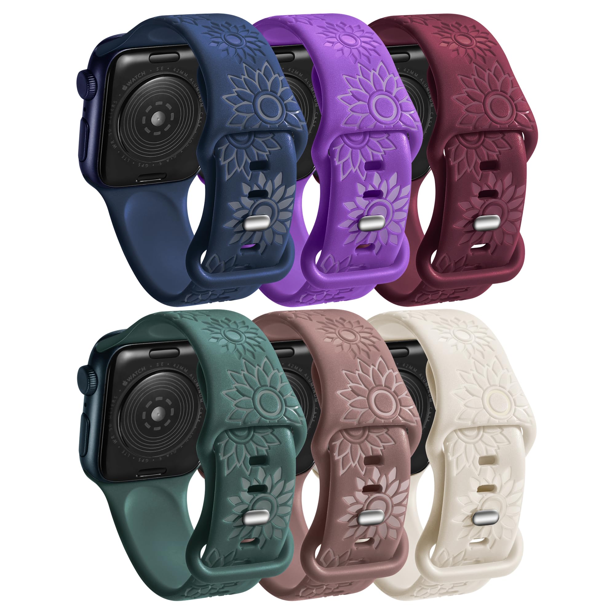 6 Pack Flower Engraved Bands Compatible Apple Watch Band With 38mm 40mm 41mm 42mm 44mm 46mm 45mm 49mm Women Men.Silicone Floral Reflective Sport Strap for iWatch Series 10 9 8 7 6 5 4 3 SE Ultra 2 1