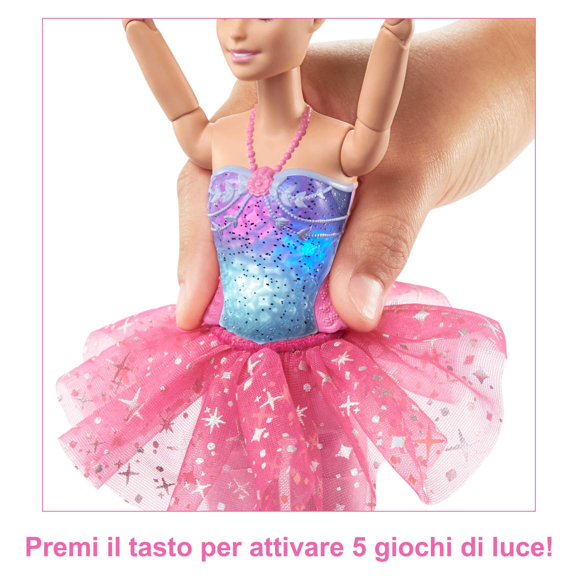 Barbie Dreamtopia Luci Scintillanti - Bambola Ballerina Magica dai Capelli Biondi, con Coroncina e Tutù Rosa, Giocattolo per Bambini 3+ Anni, HLC25