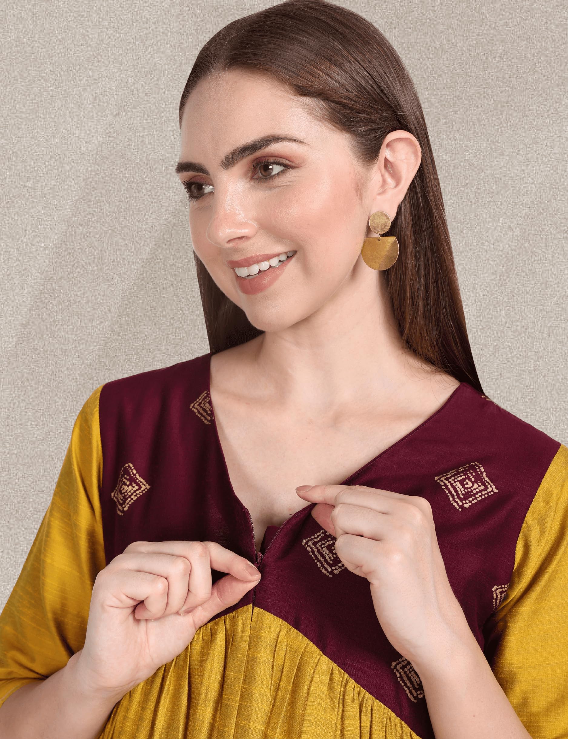 Pavisa Womens Alia Cut Cotton Silk Gold Foil Prints Yellow and Green Maternity Salwar Suit with Deep Two Side Pockets (XXX-Large, Yellow and Wine) - Image 6 thumbnail