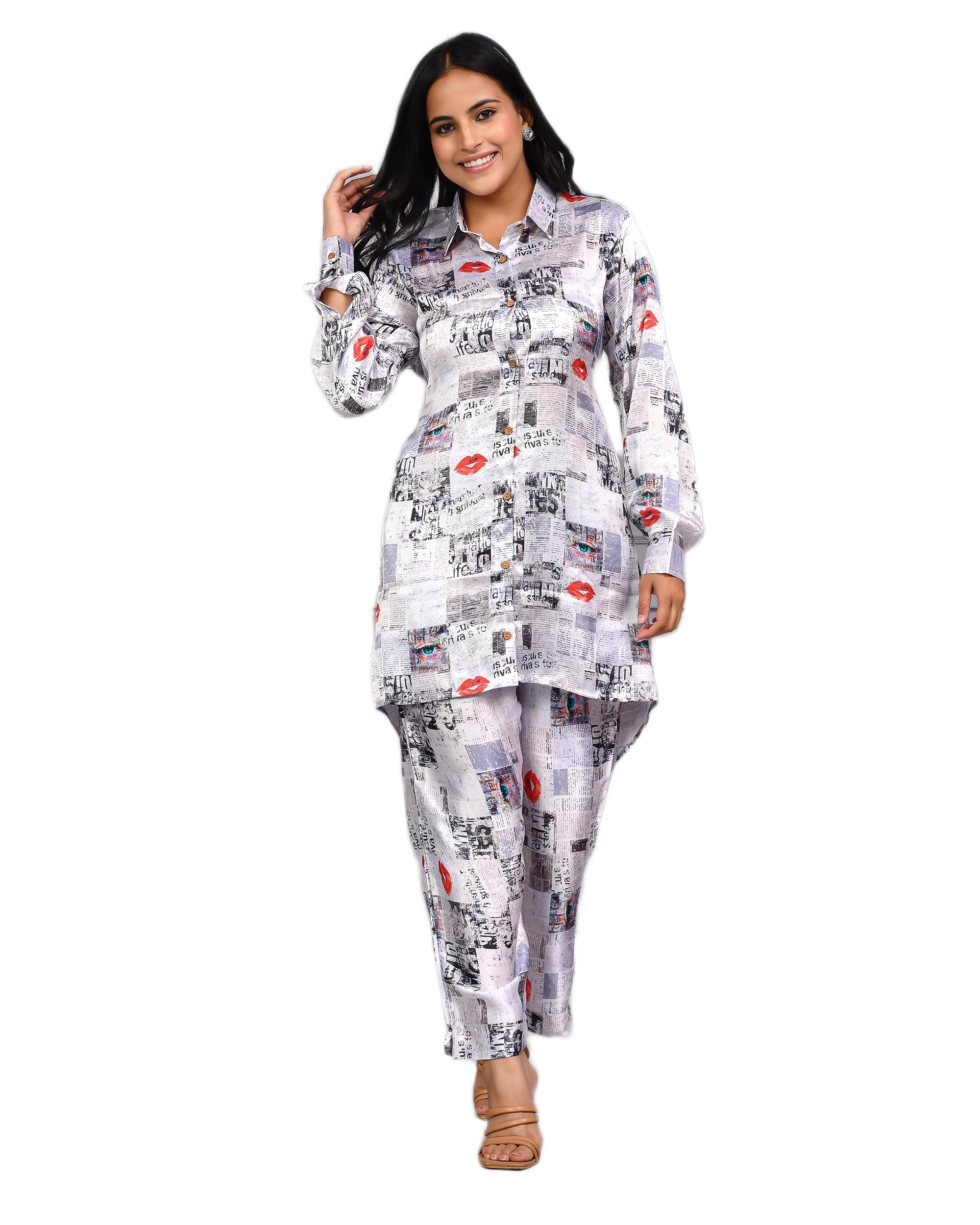 Women Satin Digital Printed Co-ord Set with Shirt Style Top and Straight Pants | Stylish Two Piece Outfit for Women (White)-image-47