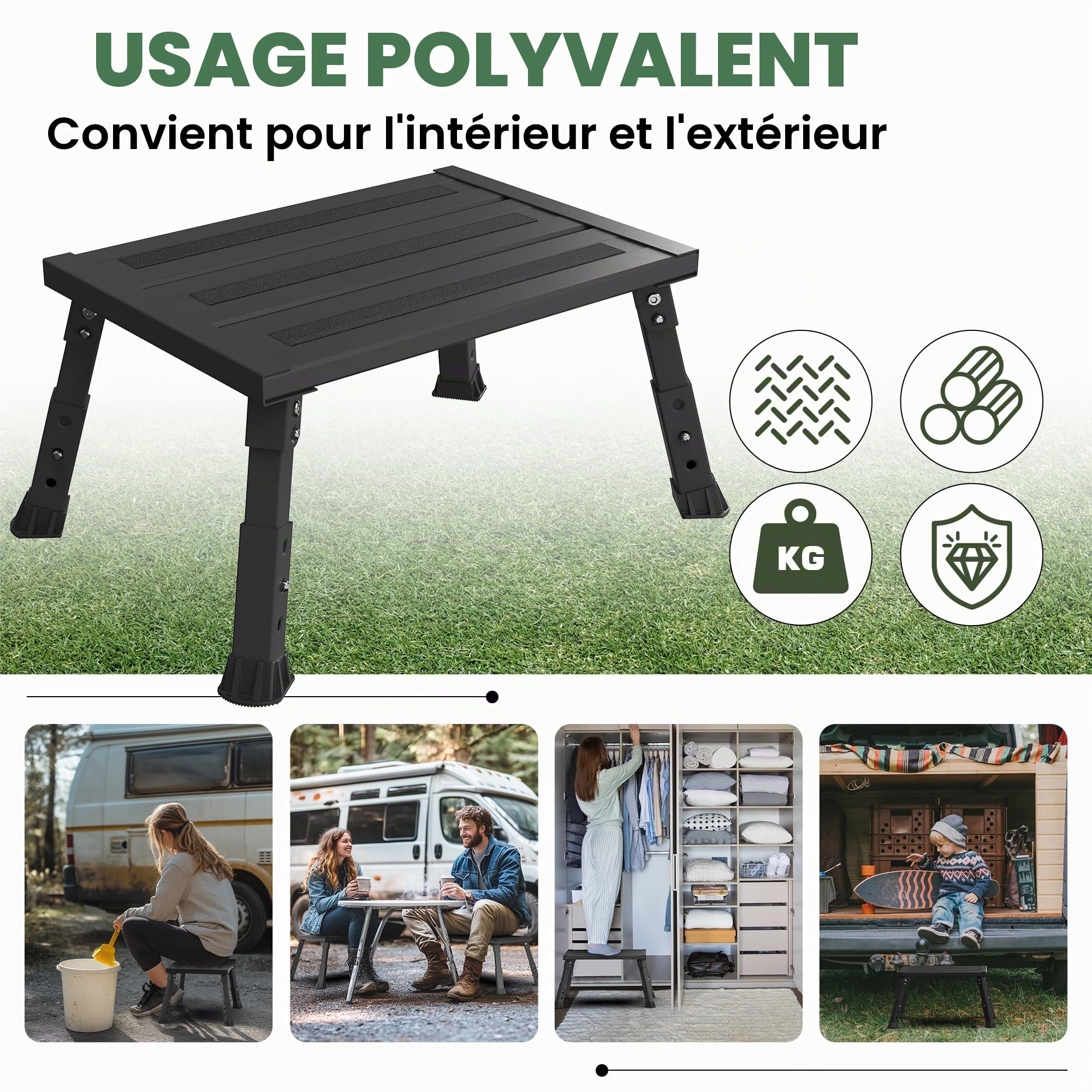 Tabouret pliable réglable en aluminium résistant avec 3 niveaux de hauteur (19-24 cm), surface antidérapante portable, pour caravane, camping-car, personnes âgées, animaux domestiques et