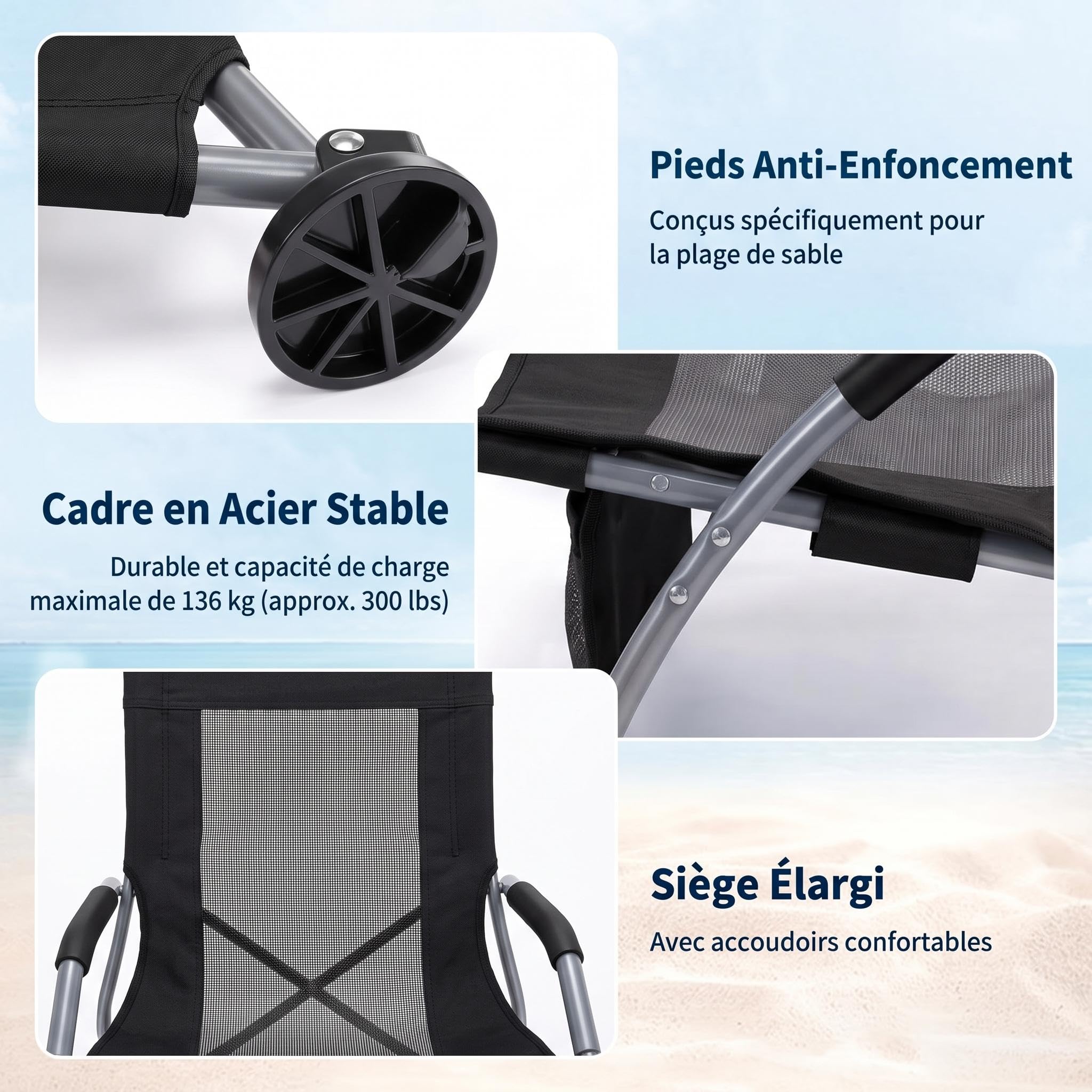 Chaise De Plage Pliante Robuste Et Légère, Haut en Maille Ultralége 2pack | Sangles Sac à Dos, Poche Téléphone, Porte-Gobelet