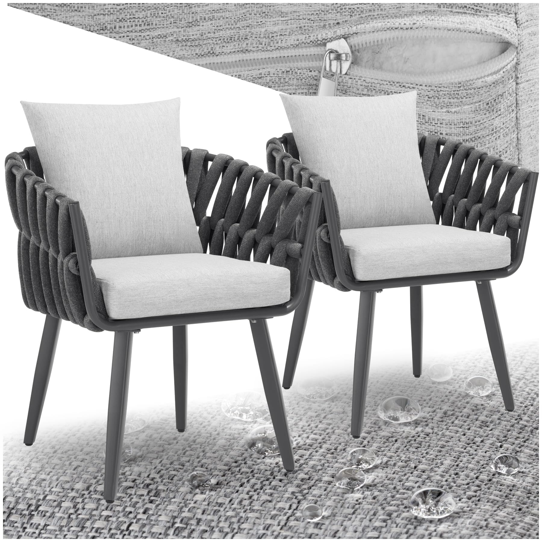 tectake® Set di 2 Sedie da Giardino, Design a Corda, Struttura in Alluminio, Cuscini Extra Spessi e Super Morbidi, Rivestimenti Idrorepellenti e Lavabili, Piedini Regolabili in Altezza - Antracite