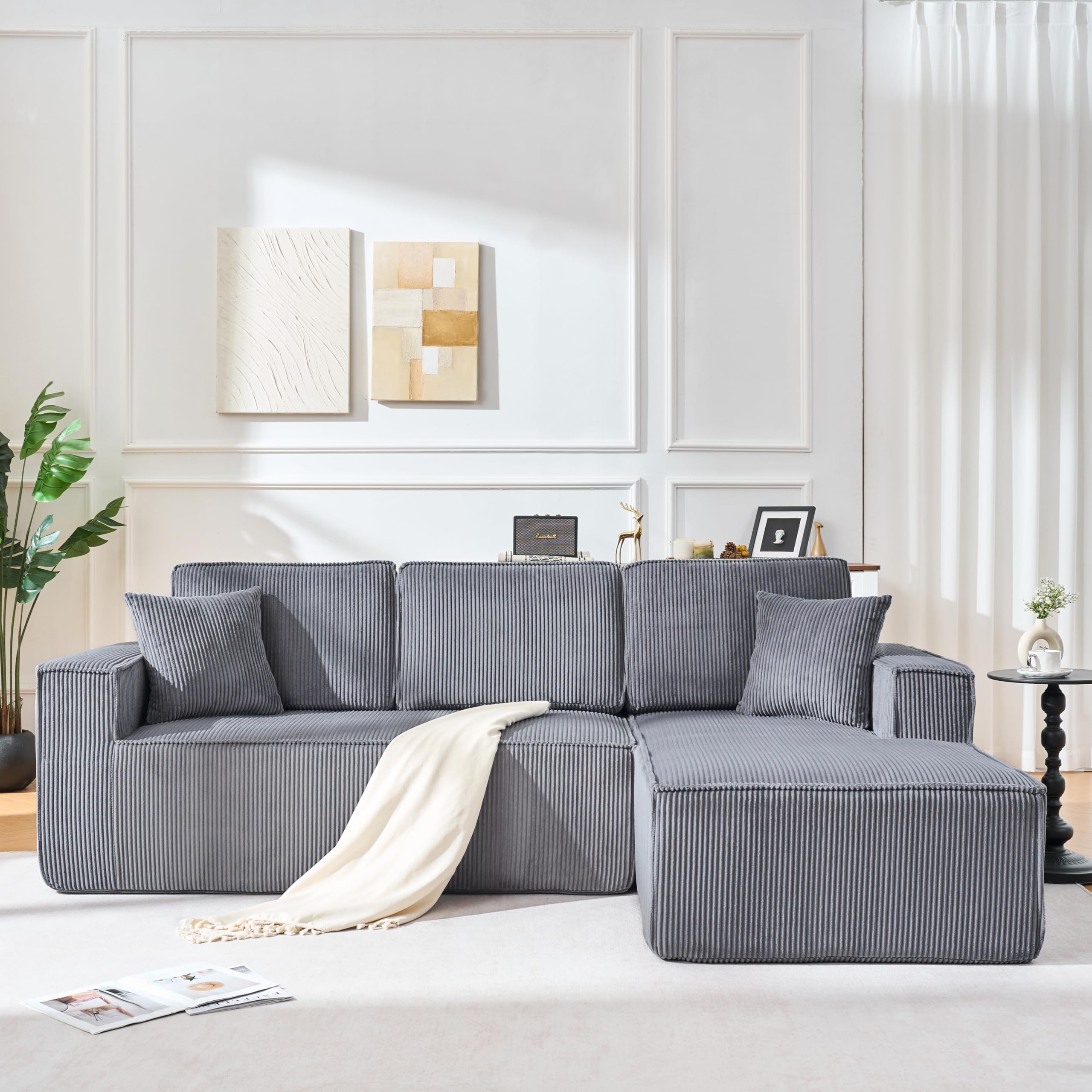 Wiuzo Sofá de pana comprimido en forma de L para 2 personas + chaise longue esquina, sofá modular esquinero con acolchado suave de espuma de alta densidad (gris + chaise longue derecho)