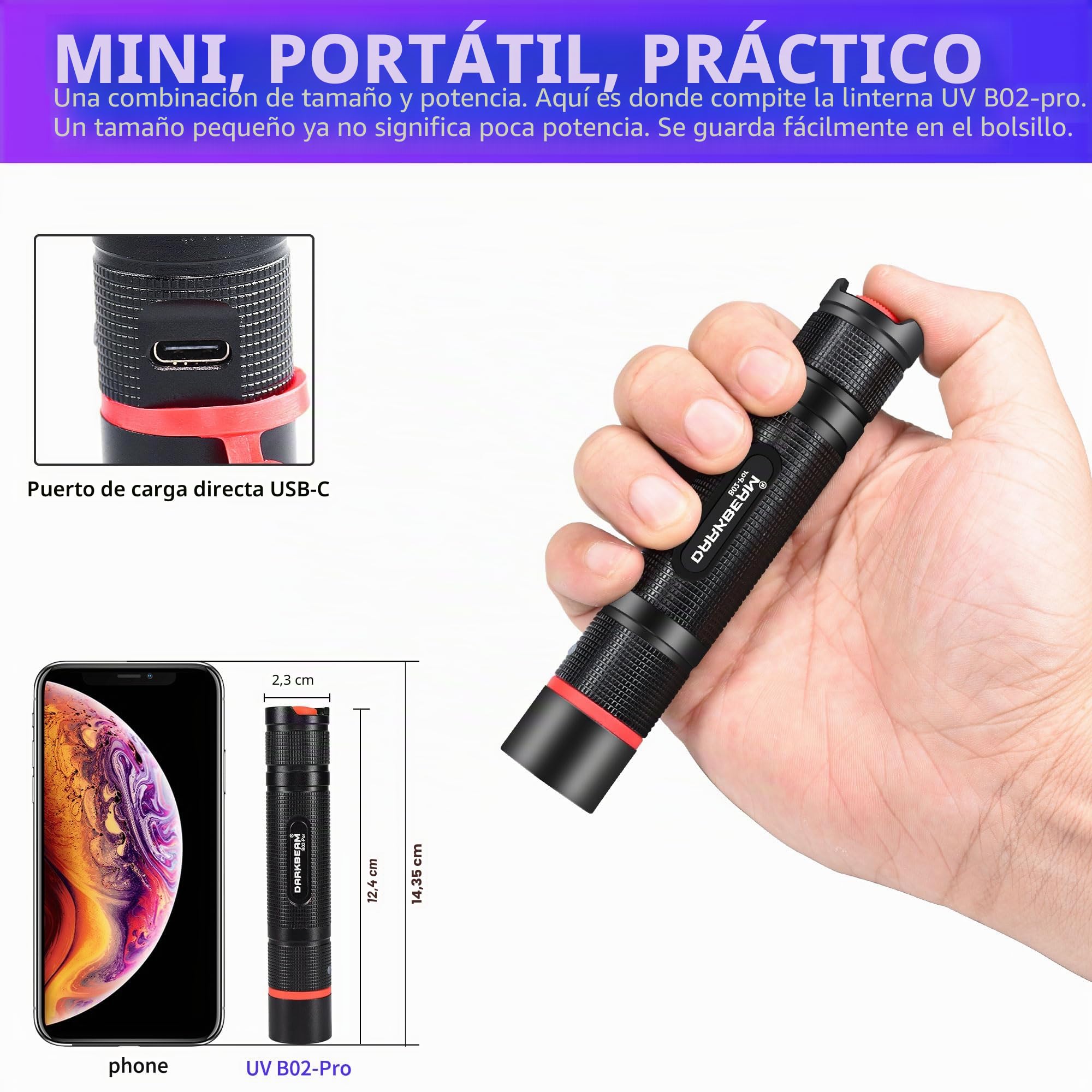 DARKBEAM Ultravioleta Luz UV 365nm Linterna Lamparas LED Negra, Potente Mini Blacklight Flashlight 370nm Portátil - Detector para Orina de Mascotas, Billetes, Epoxy Resina, Escorpión, Minerales