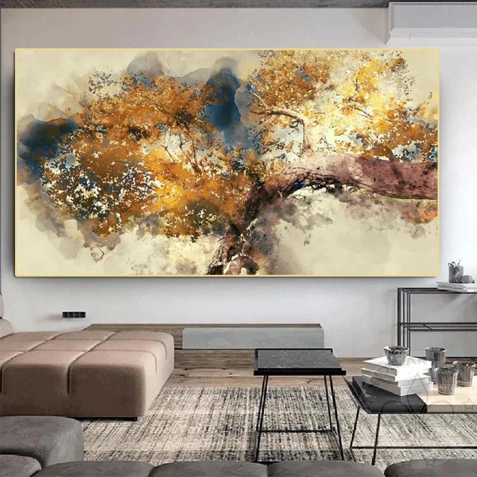 FajerminArt 3 Pcs Foresta Gialla Incorniciata Quadri Moderni Grande Stampa su Tela Con Cornice Astratta Autunno Albero pittura su tela Decorazione Murale Soggiorno Camera da letto 120x60cm(40x60cmx3