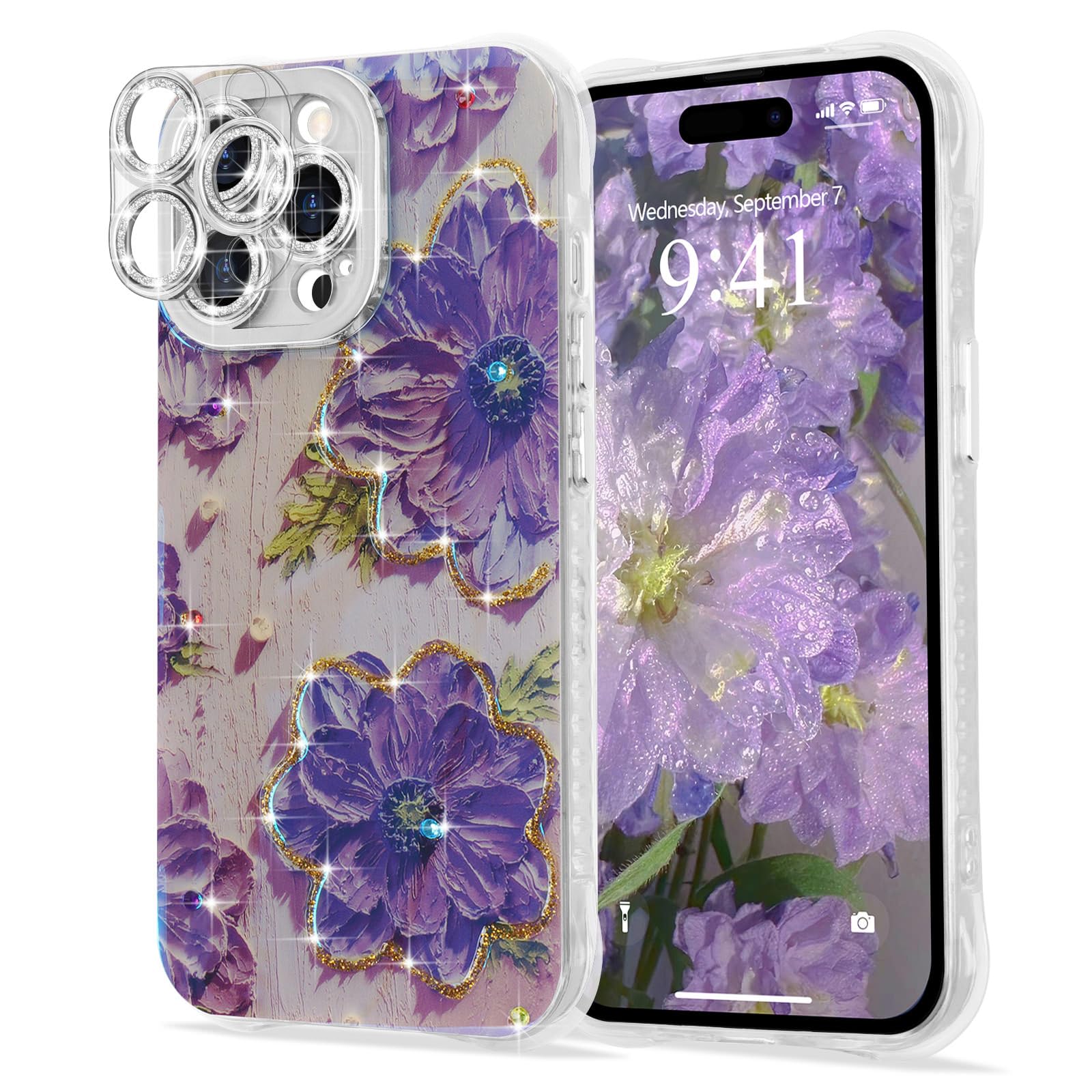 Lafunda for iPhone 14 Pro Max Case for Women Girls, Cute Colorful Retro Oil Painting Flower Floral Elegant Bling Diamond Camera Cover TPU Shockproof