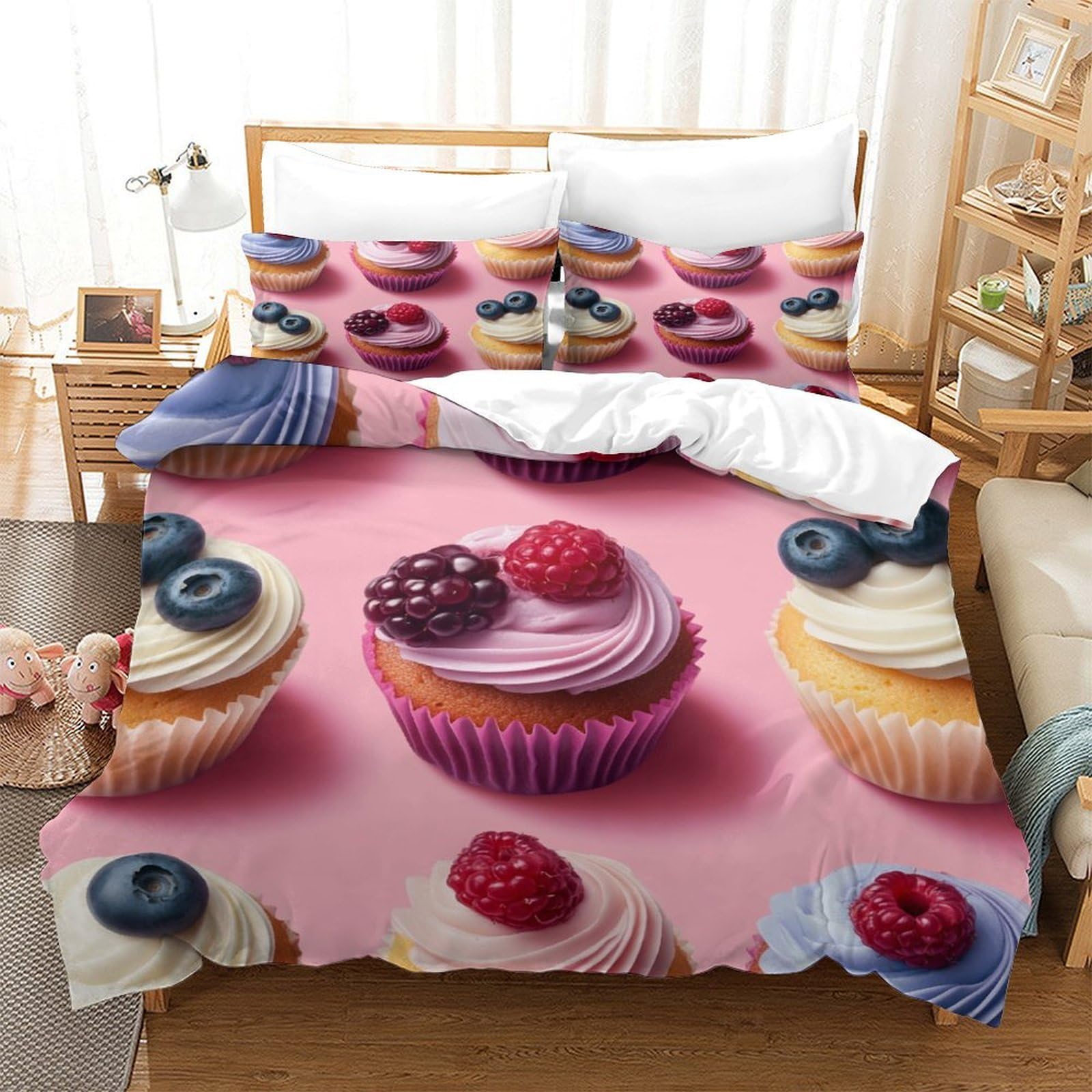 Cupcake ai frutti di bosco Impressione 3D 3 pz cover piumone Dolci prelibatezze da dessert coperteletto microfibra traspirante zip per adolescenti uomini adulti Super king（260x220cm）