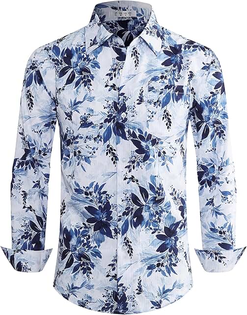BOJIN Men's Dress Wrinkle-Free Floral Hawaiian Long Sleeve Flower Printe...