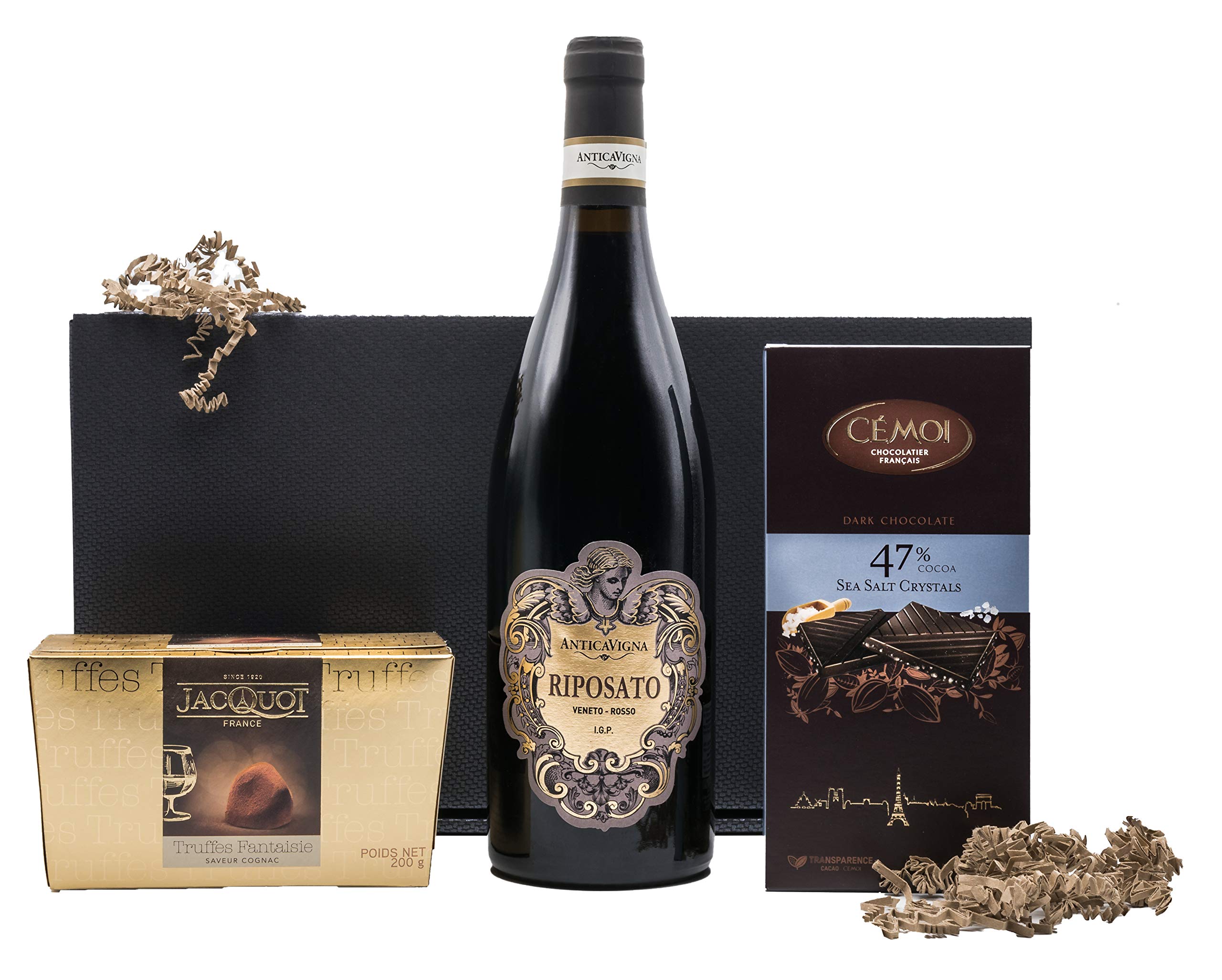 The Wine Guys The Wine Guys Präsentkorb „Sinneszauber“ Italienischer Rotwein Riposato und französische Schokoladentrüffel mit Cognacgeschmack und Meersalzschokolade